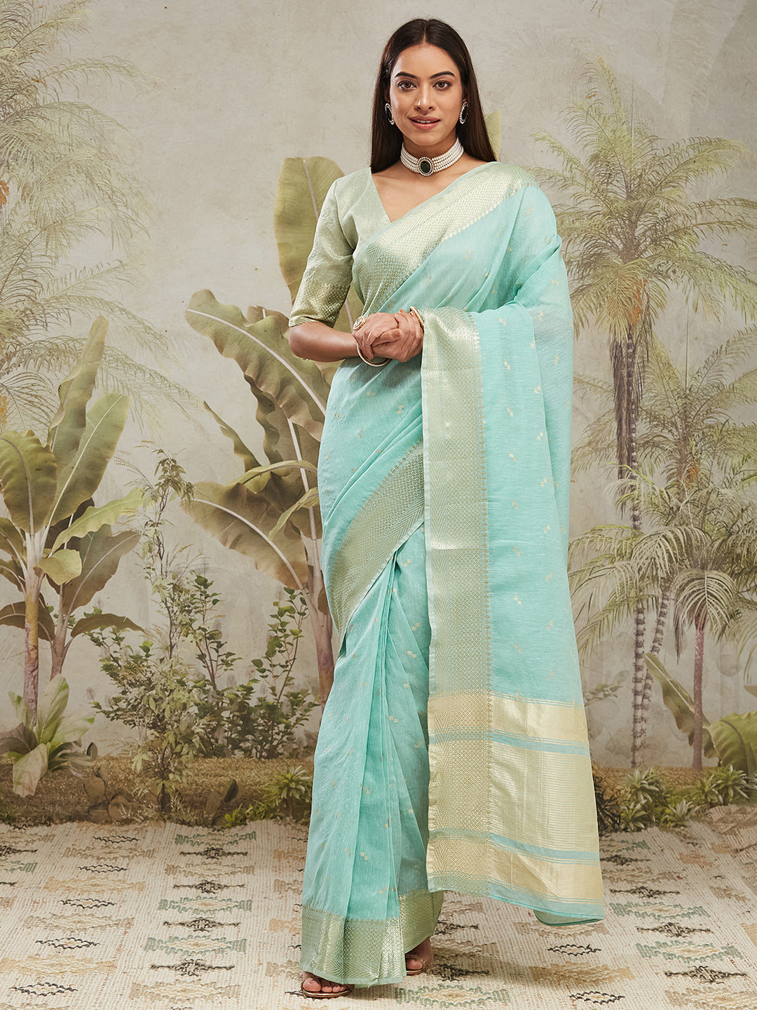 Sea Green Chanderi Cotton Woven Designer Ethnic Traditional Saree