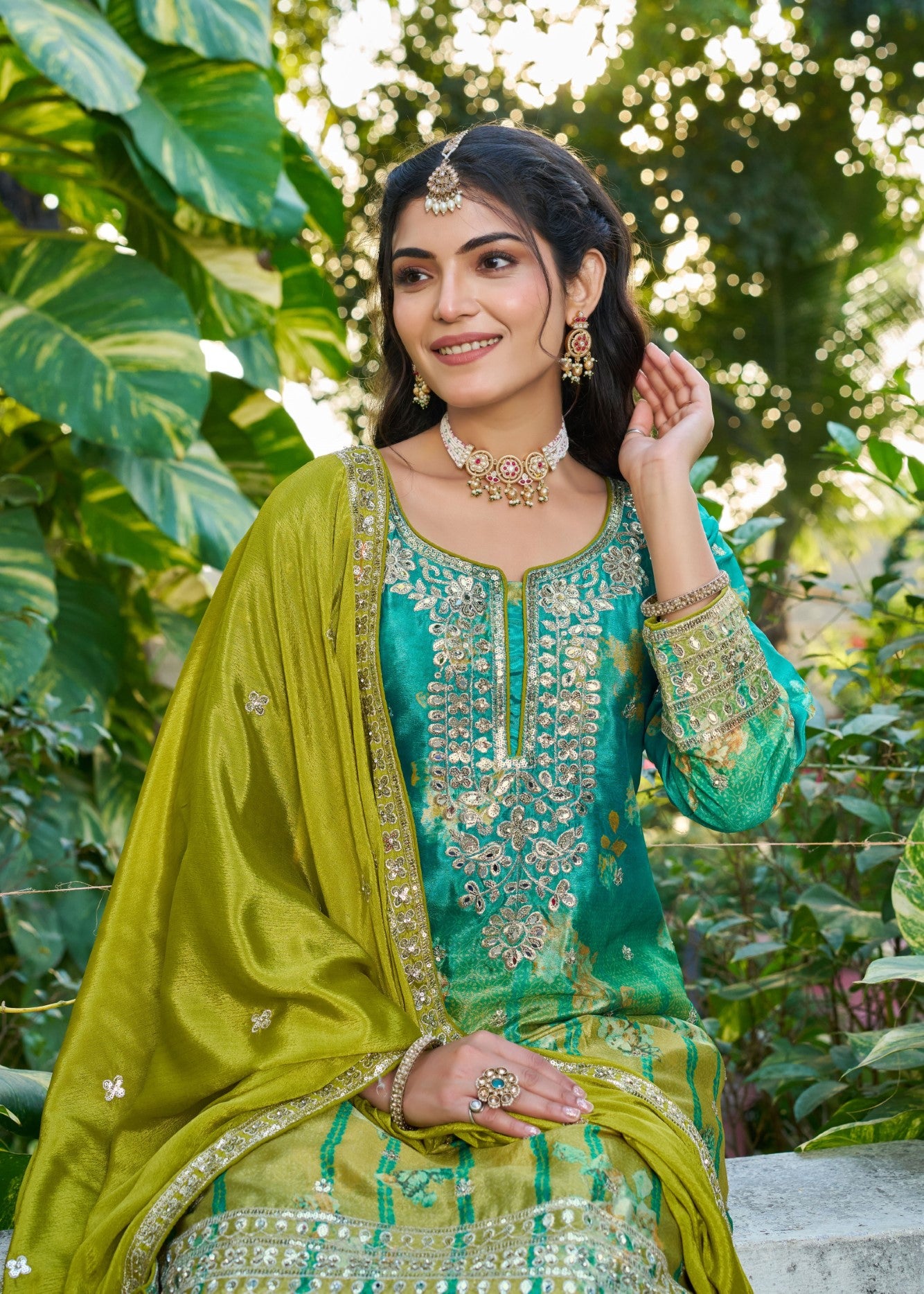 Sea Green Chinon Designer Suit Set With Embroidered Elegance
