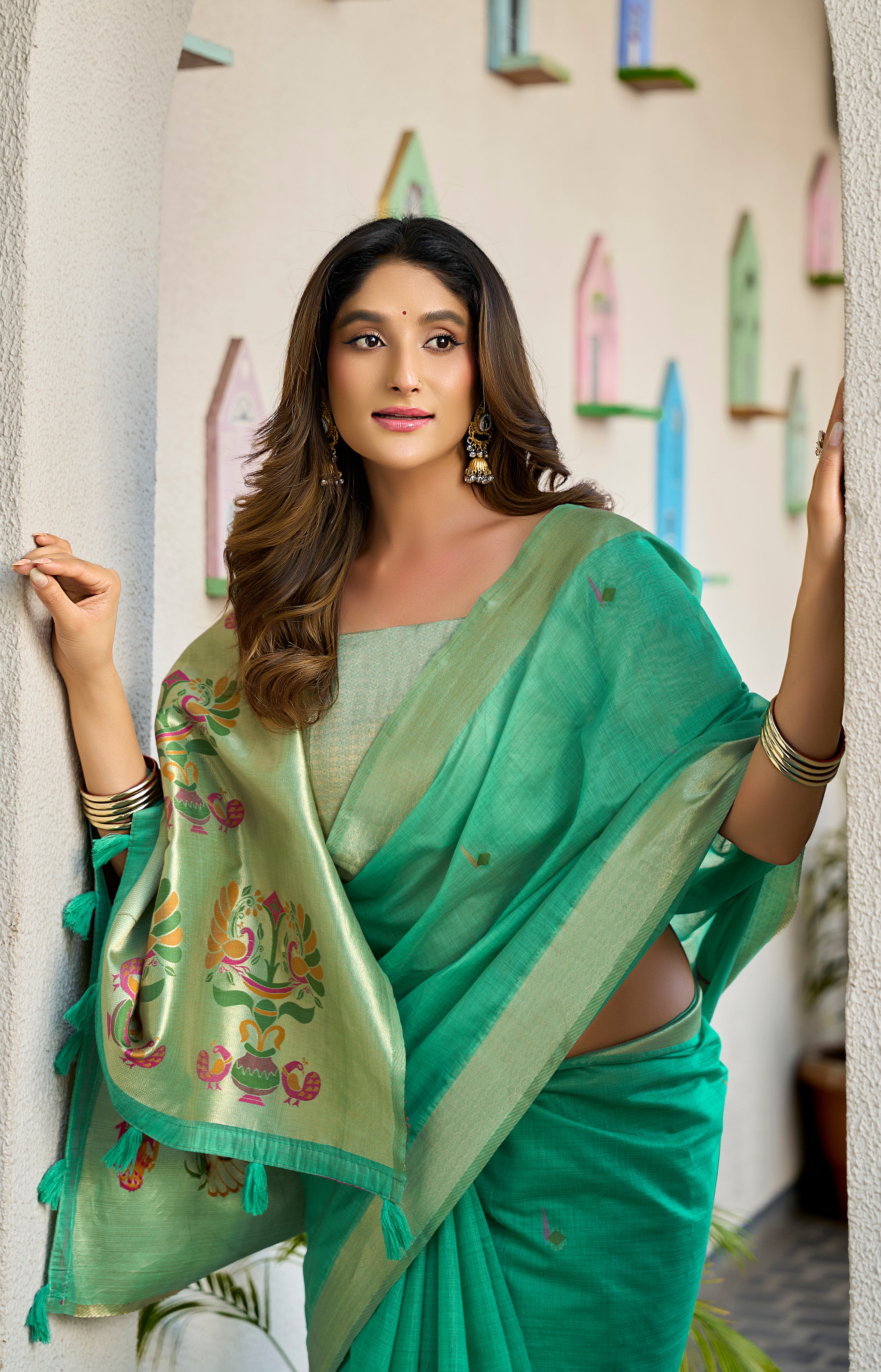 Sea Green Cotton Saree with Elegant Jacquard Woven Detailing