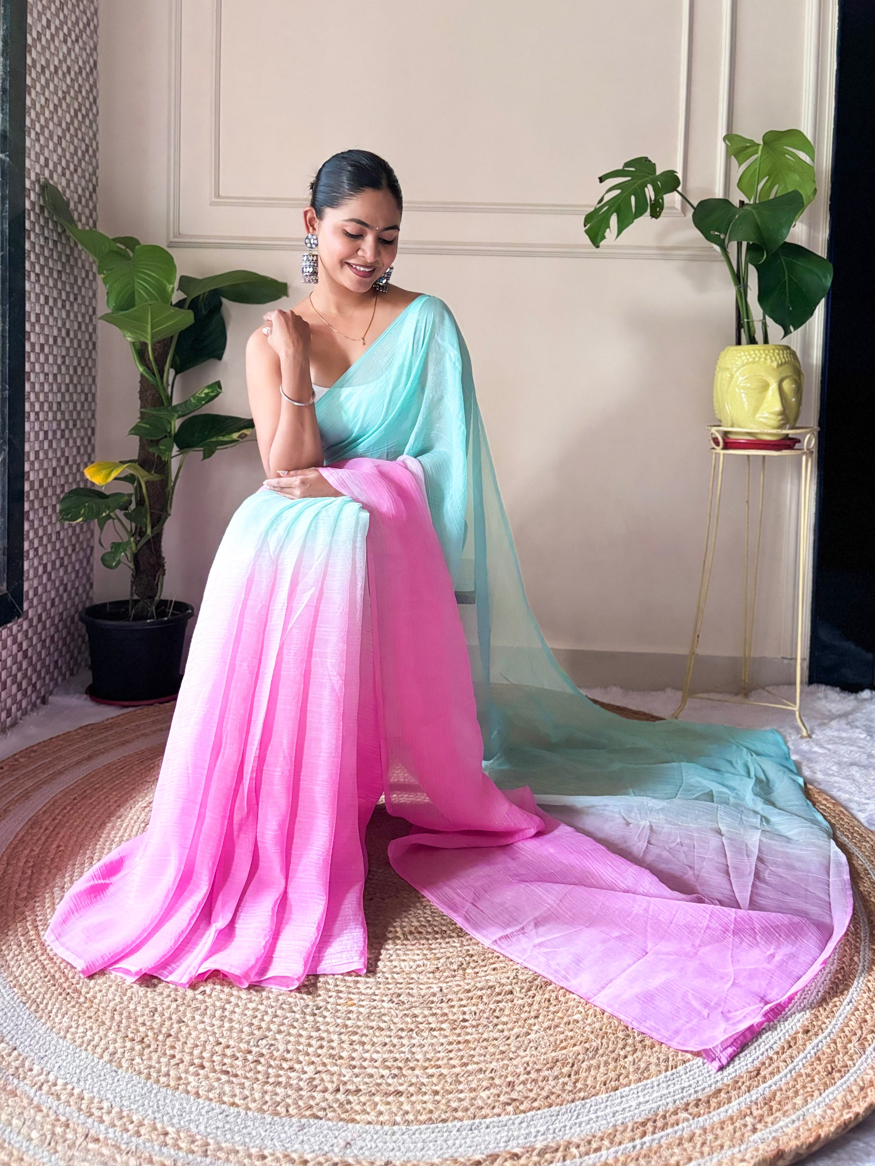 Sea Green Crunchy Pedding Solid Bollywood Style Ready To Wear Saree