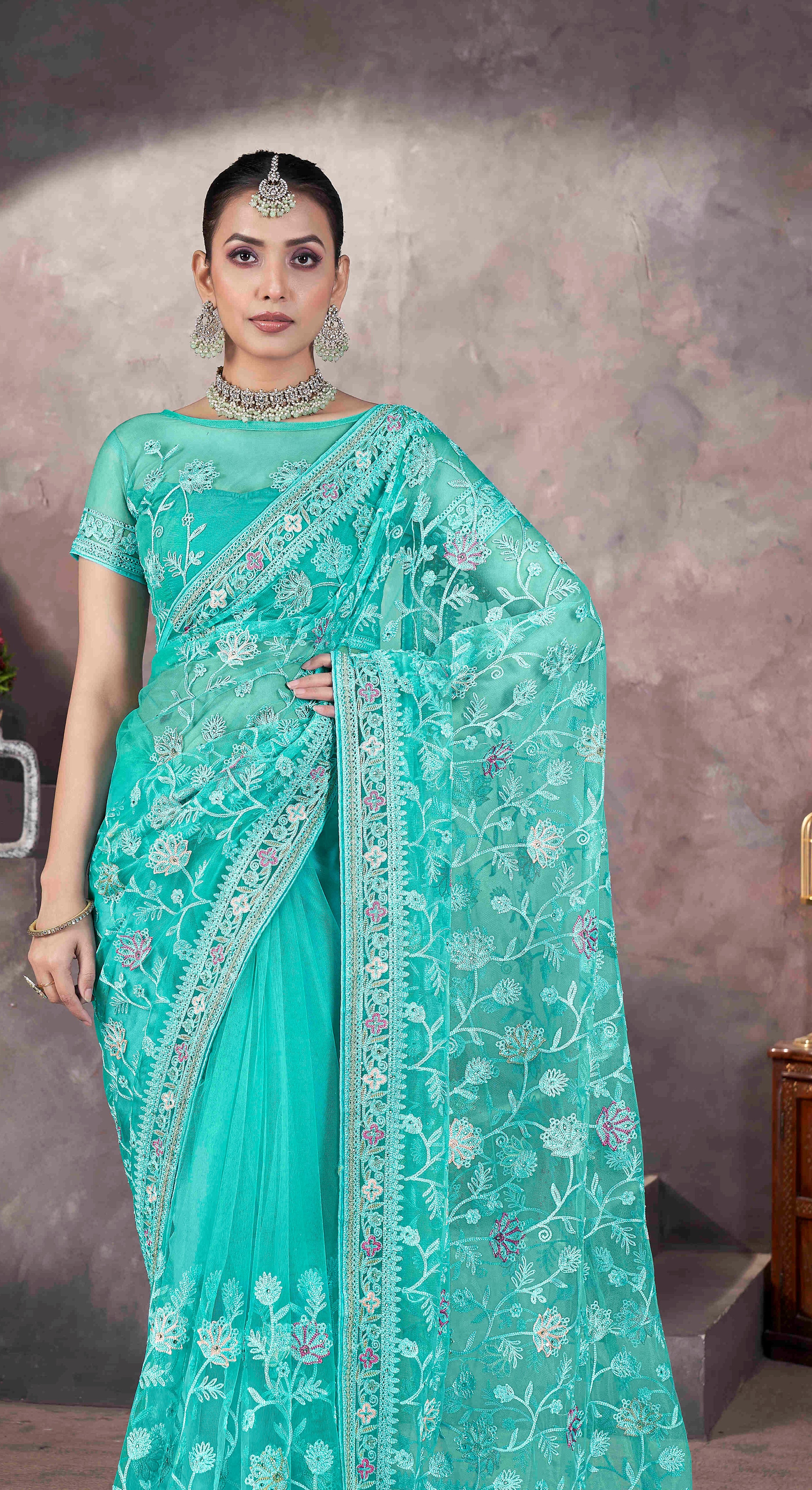 Sea Green Designer Thread Embroidery Work Butterfly Net Ceremonial Saree