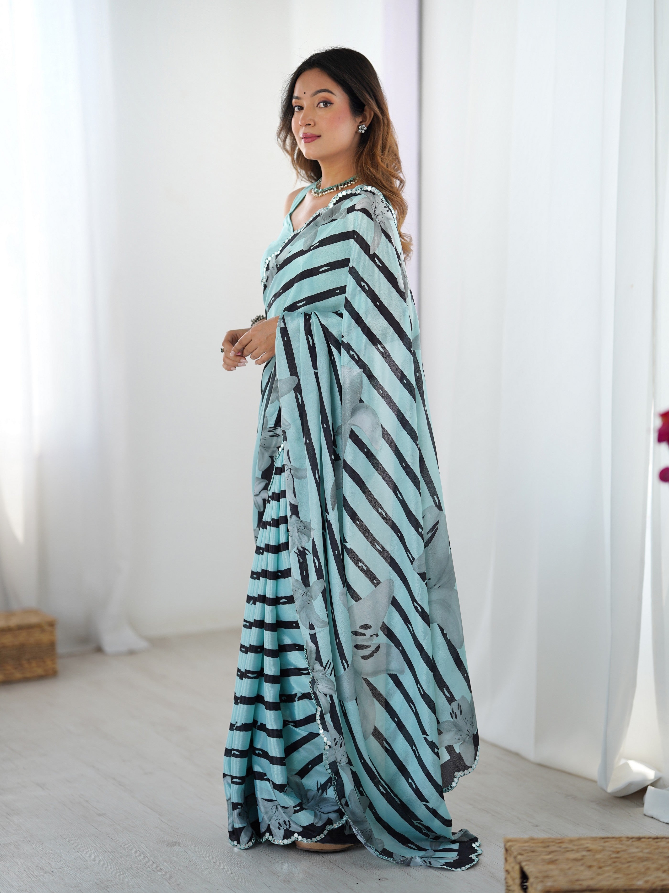 Sea Green Digital Printed Stylish Chinon Fanbric Glamorous Partywear Saree