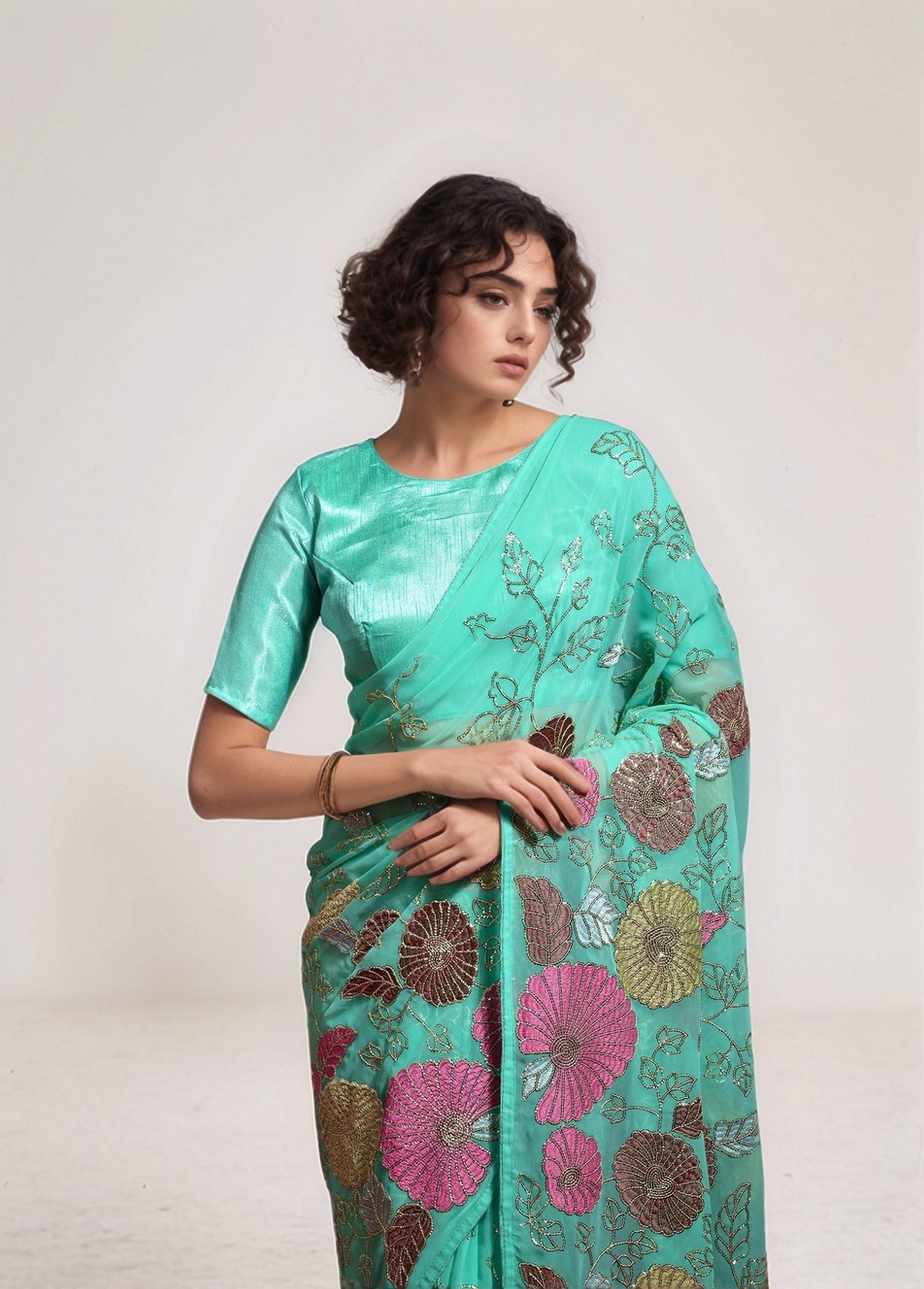 Sea Green Georgette Bollywood Style Sequins Embroidery Work Saree