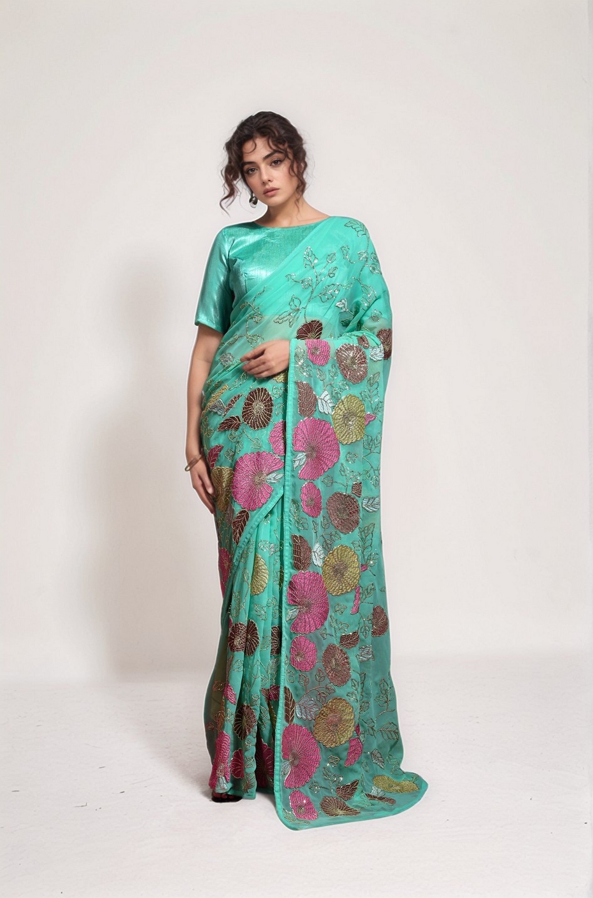 Sea Green Georgette Bollywood Style Sequins Embroidery Work Saree