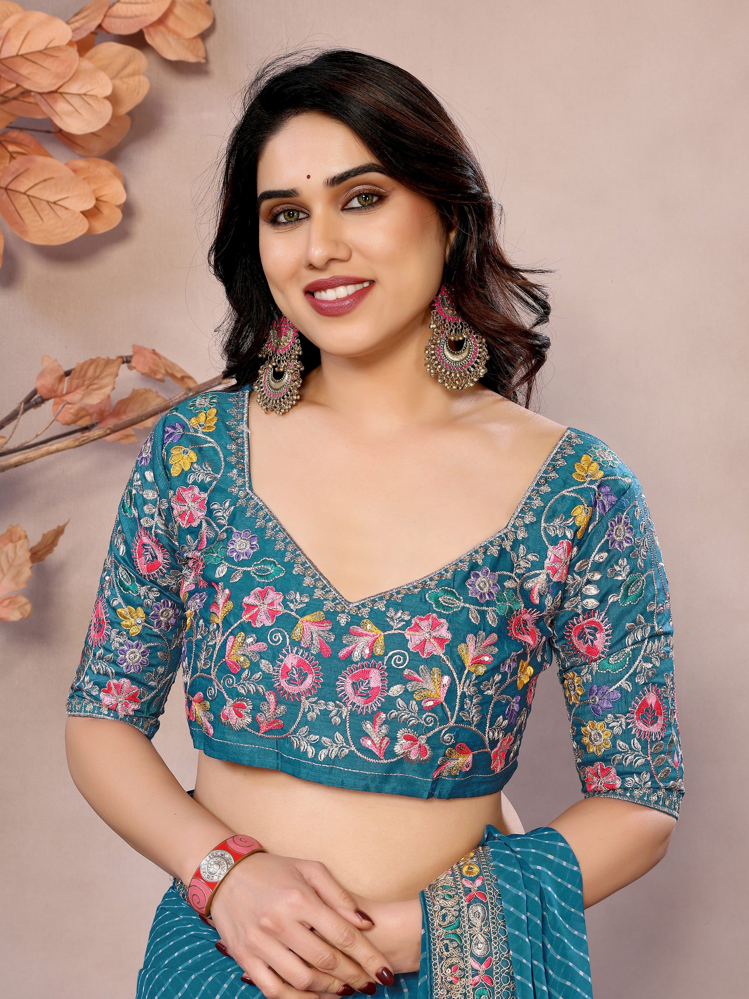 Sea Green Georgette Designer Embroidered Traditional Leheria Saree