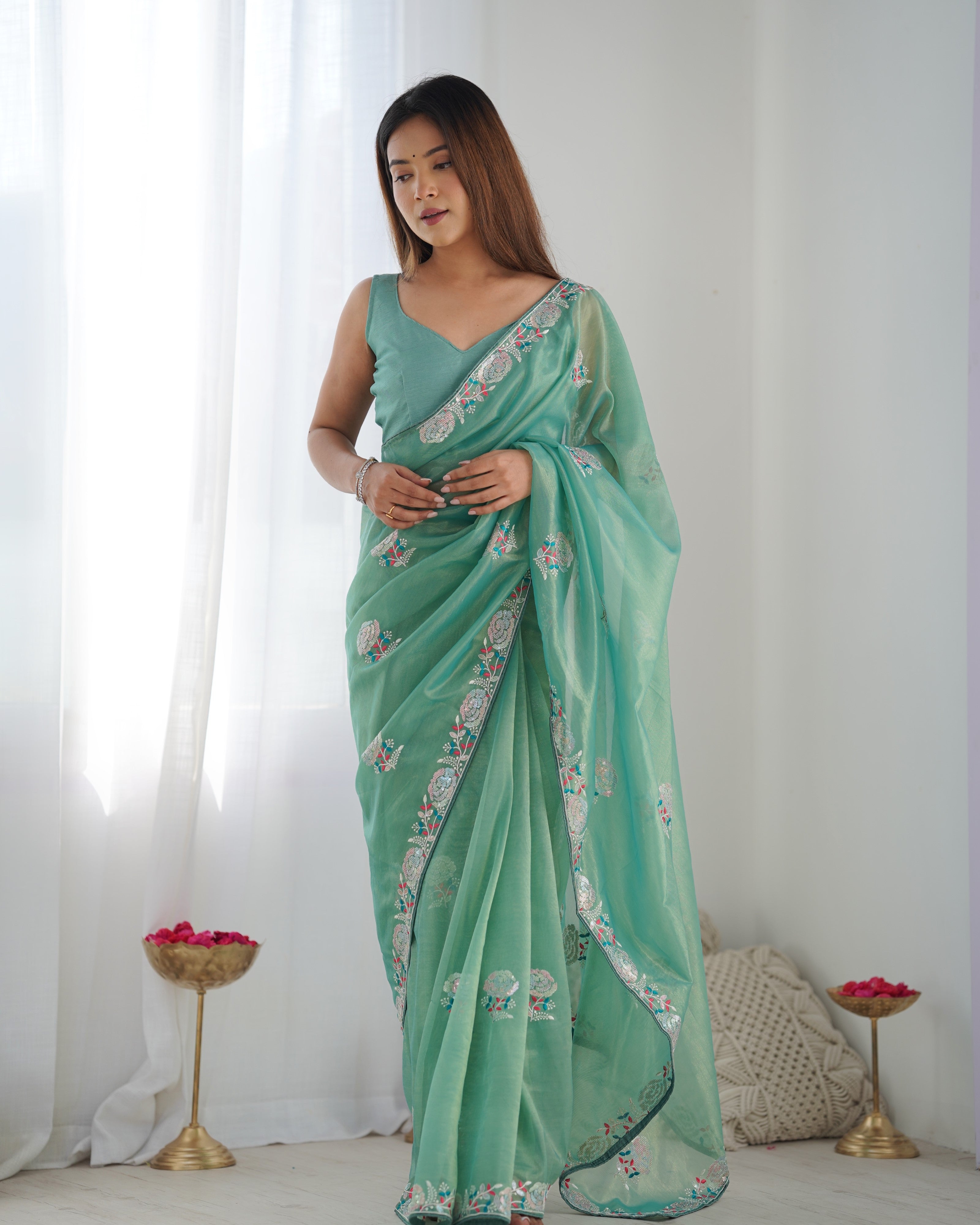 Sea Green Gold Twill Net Fancy Partywear Embroidered Saree
