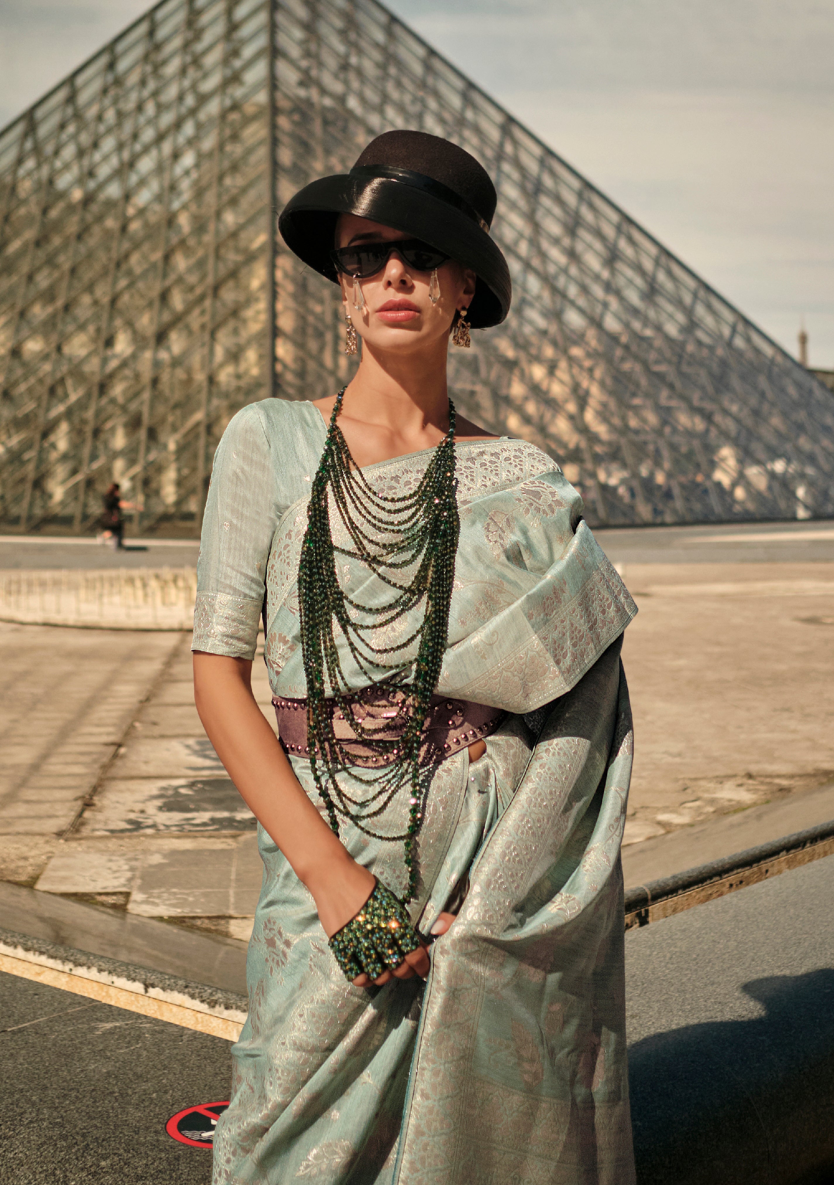 Sea Green Gota Zari Weaving Silk Saree With Woven Work