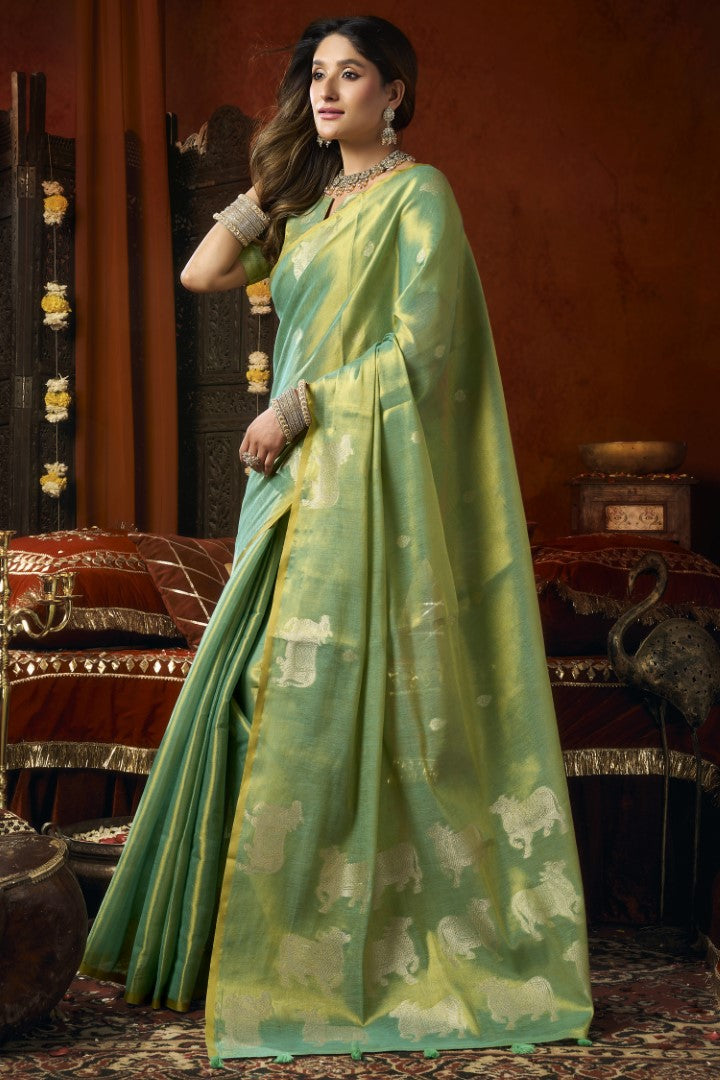 Sea Green Heavy Tissue Saree with Designer Woven Tassels