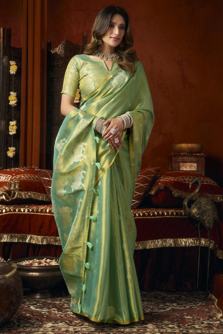 Sea Green Heavy Tissue Saree with Designer Woven Tassels
