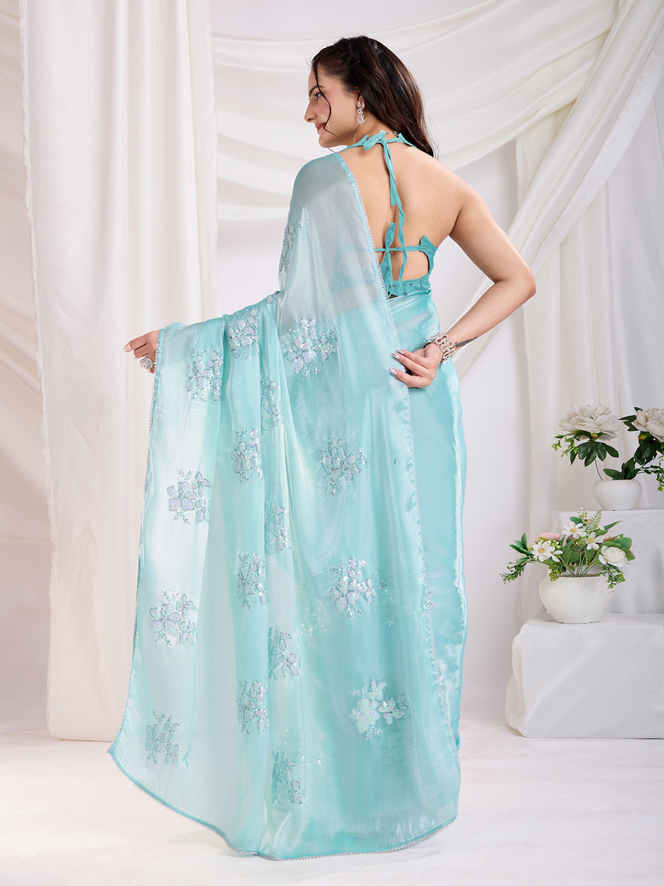 Sea Green Jimmi Choo Sequins Embroidery Work Ethnic Party Saree