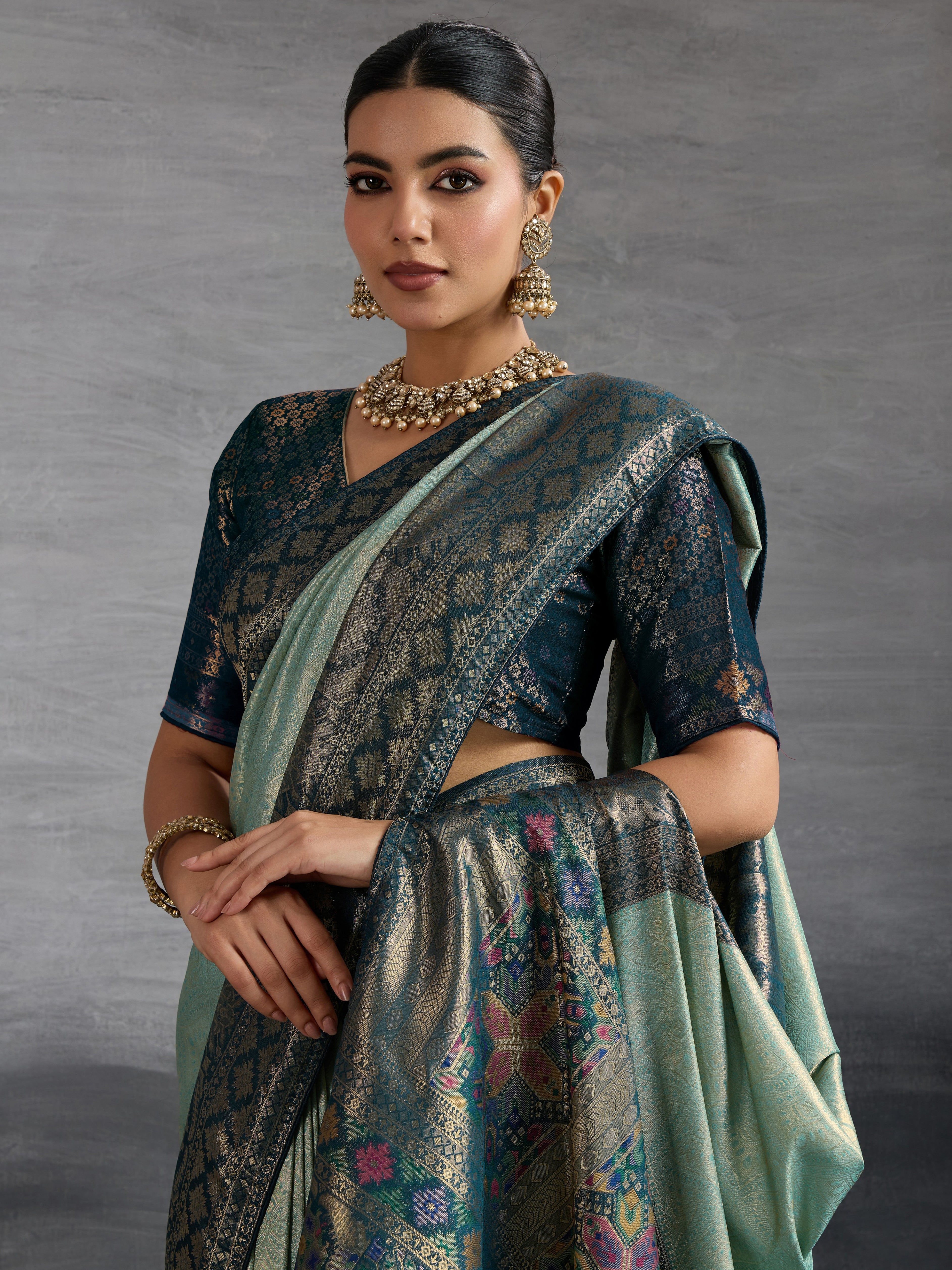 Sea Green Kanjivaram Soft Silk Saree with Zari Patta and Meenakari Pallu