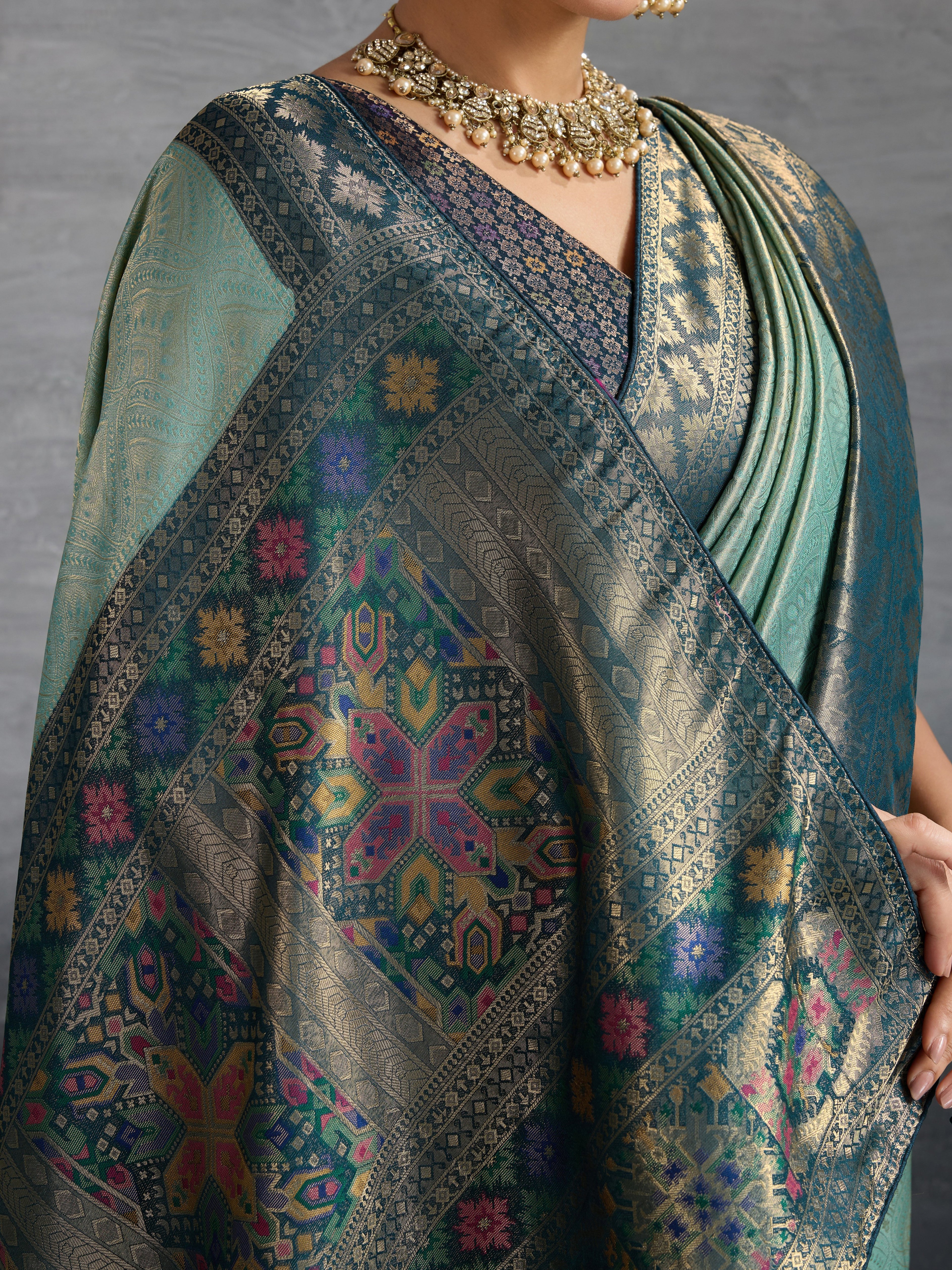 Sea Green Kanjivaram Soft Silk Saree with Zari Patta and Meenakari Pallu