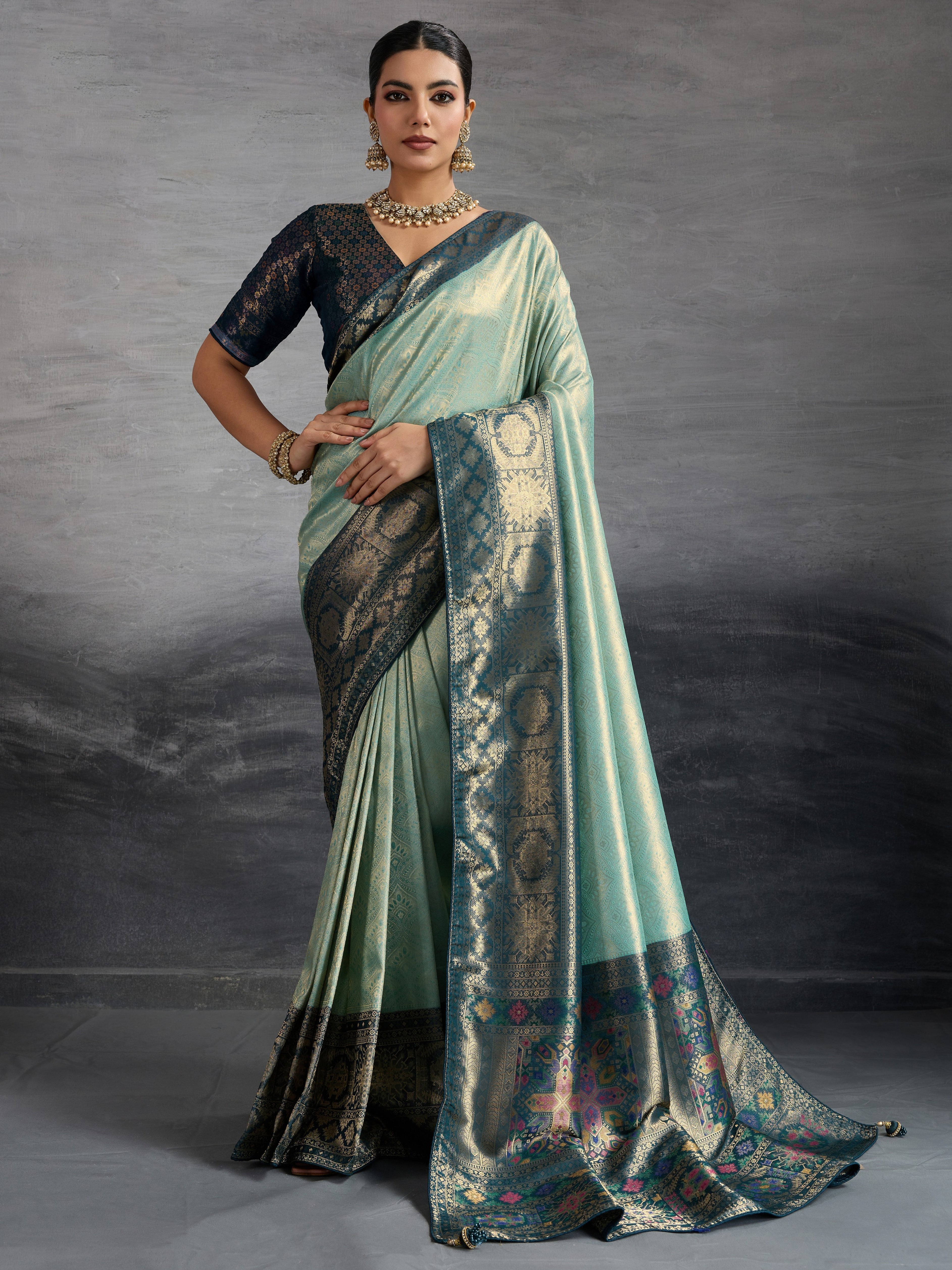 Sea Green Kanjivaram Soft Silk Saree with Zari Patta and Meenakari Pallu