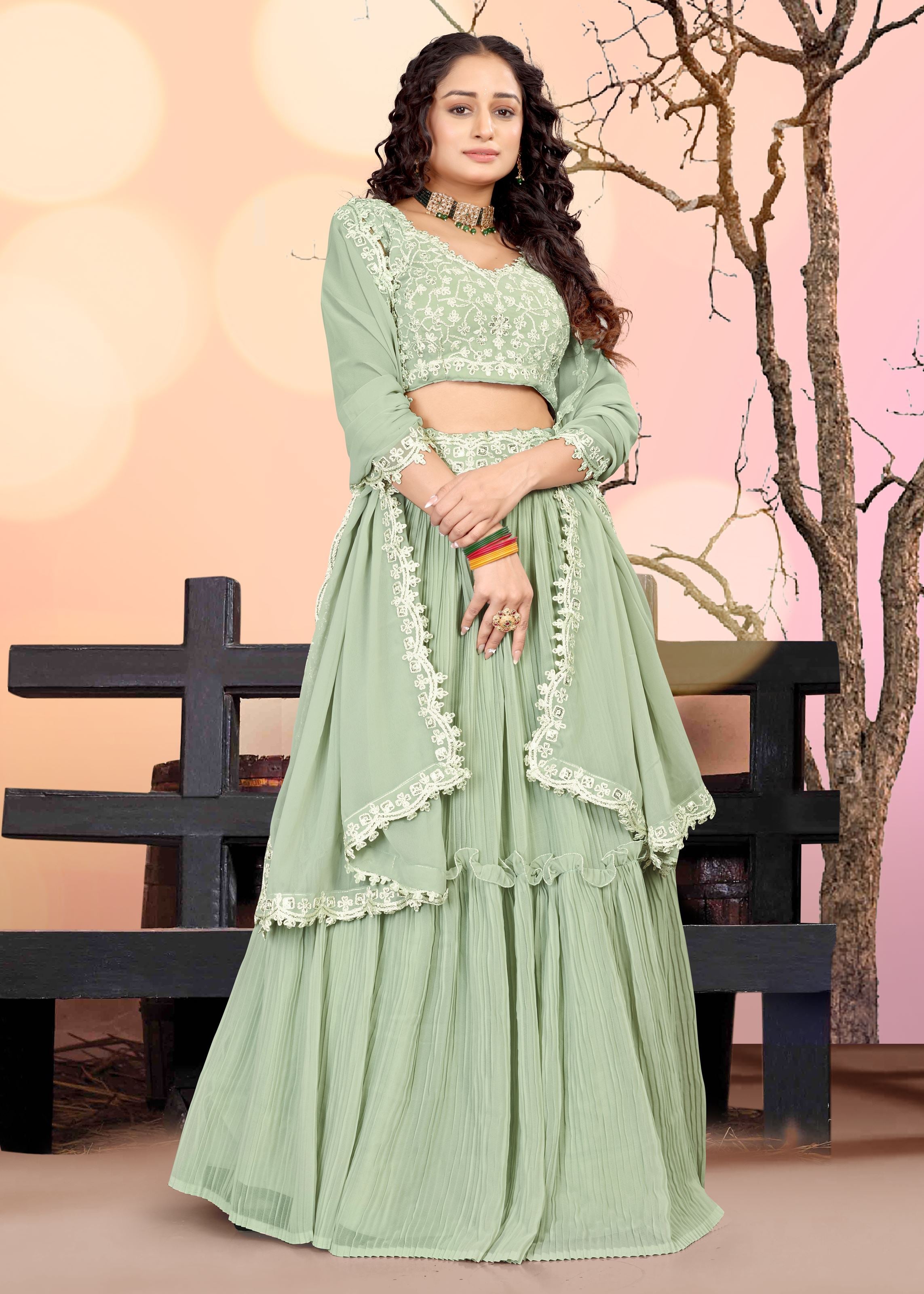 Sea Green Lehenga Choli With Embroidery Work