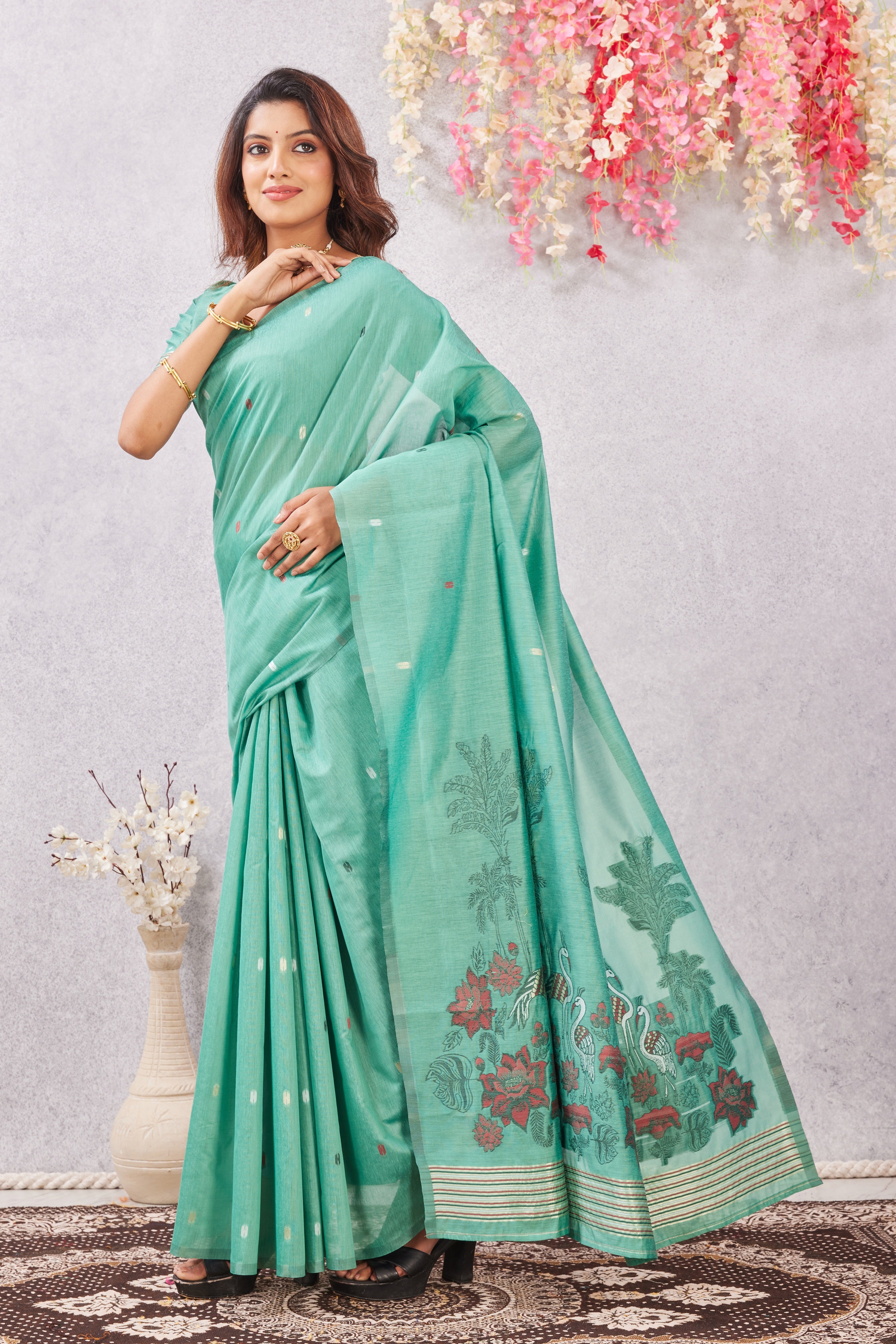 Sea Green Linen Cotton Saree with Ethnic Motif Design & Rich Jacquard Pallu