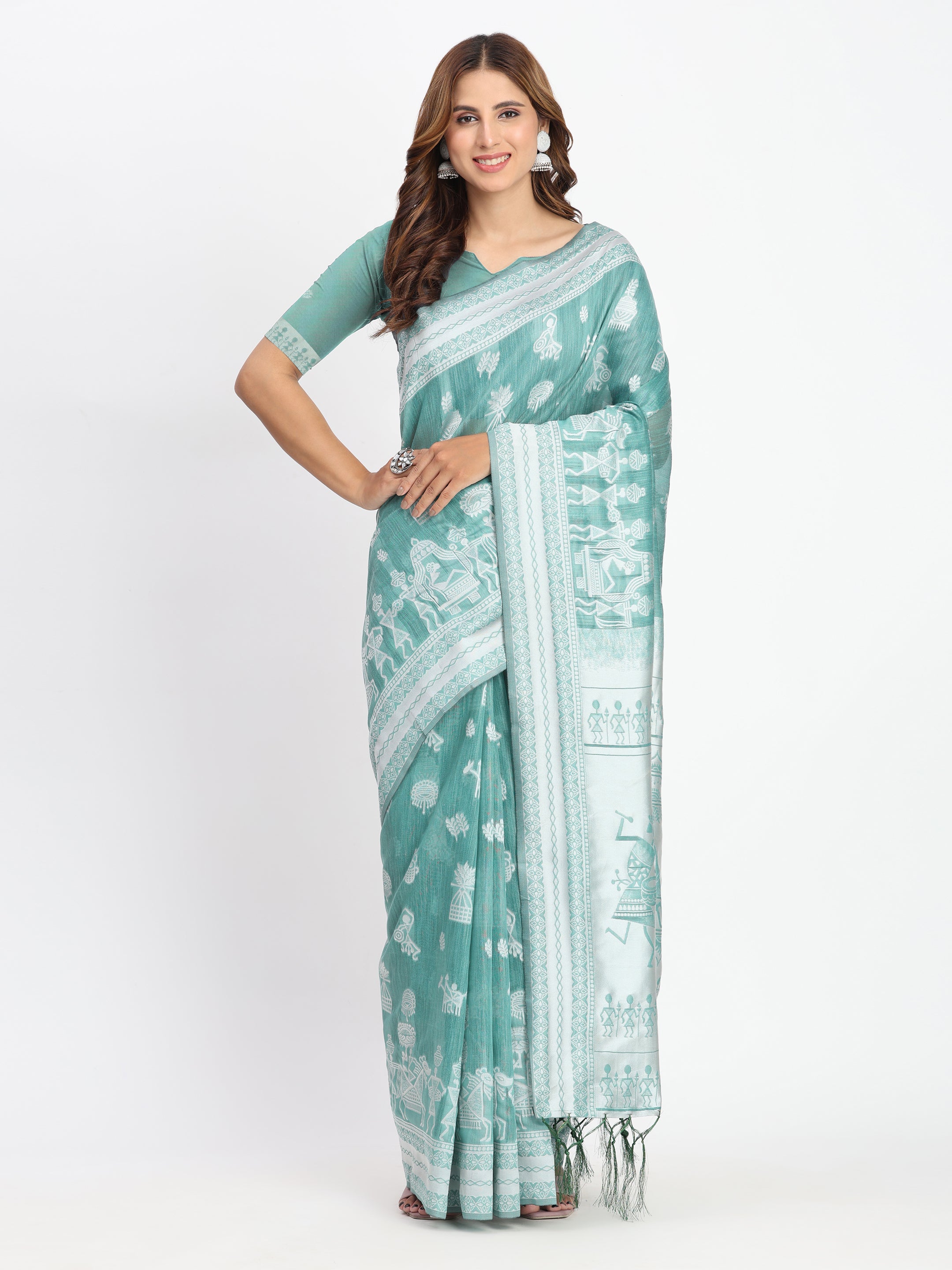 Sea Green Linen Cotton Woven Designer Graceful Ethnic Saree
