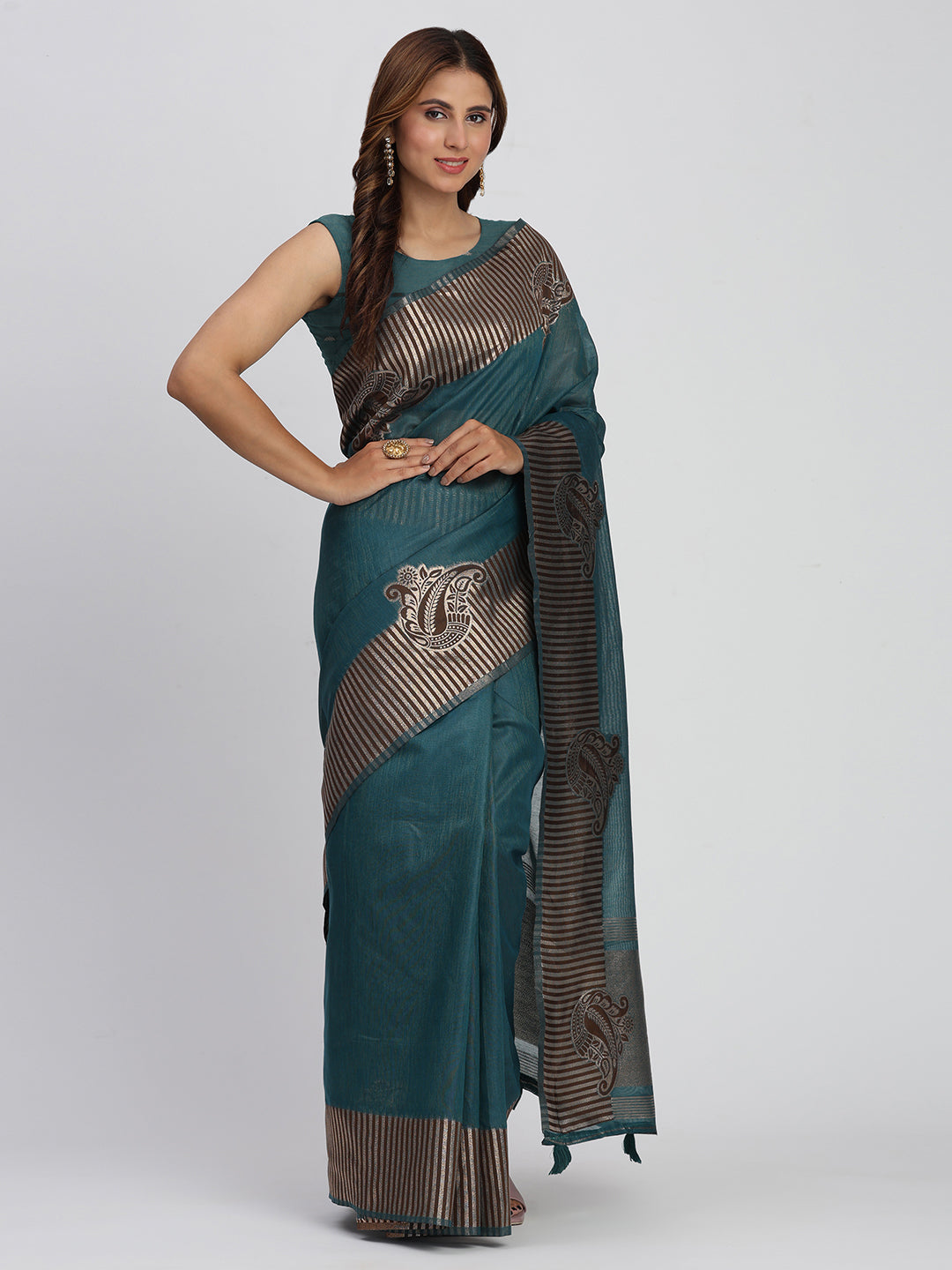 Sea Green Linen Cotton Woven Galla Designer Traditional Partywear Saree
