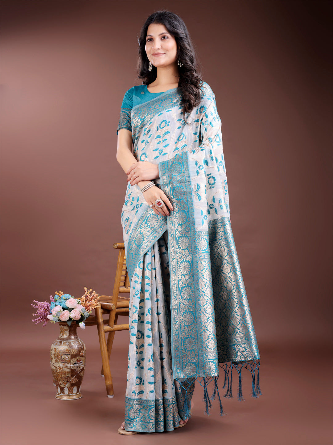 Sea Green Linen Cotton Woven Jacquard Designer Beautiful Festive Saree