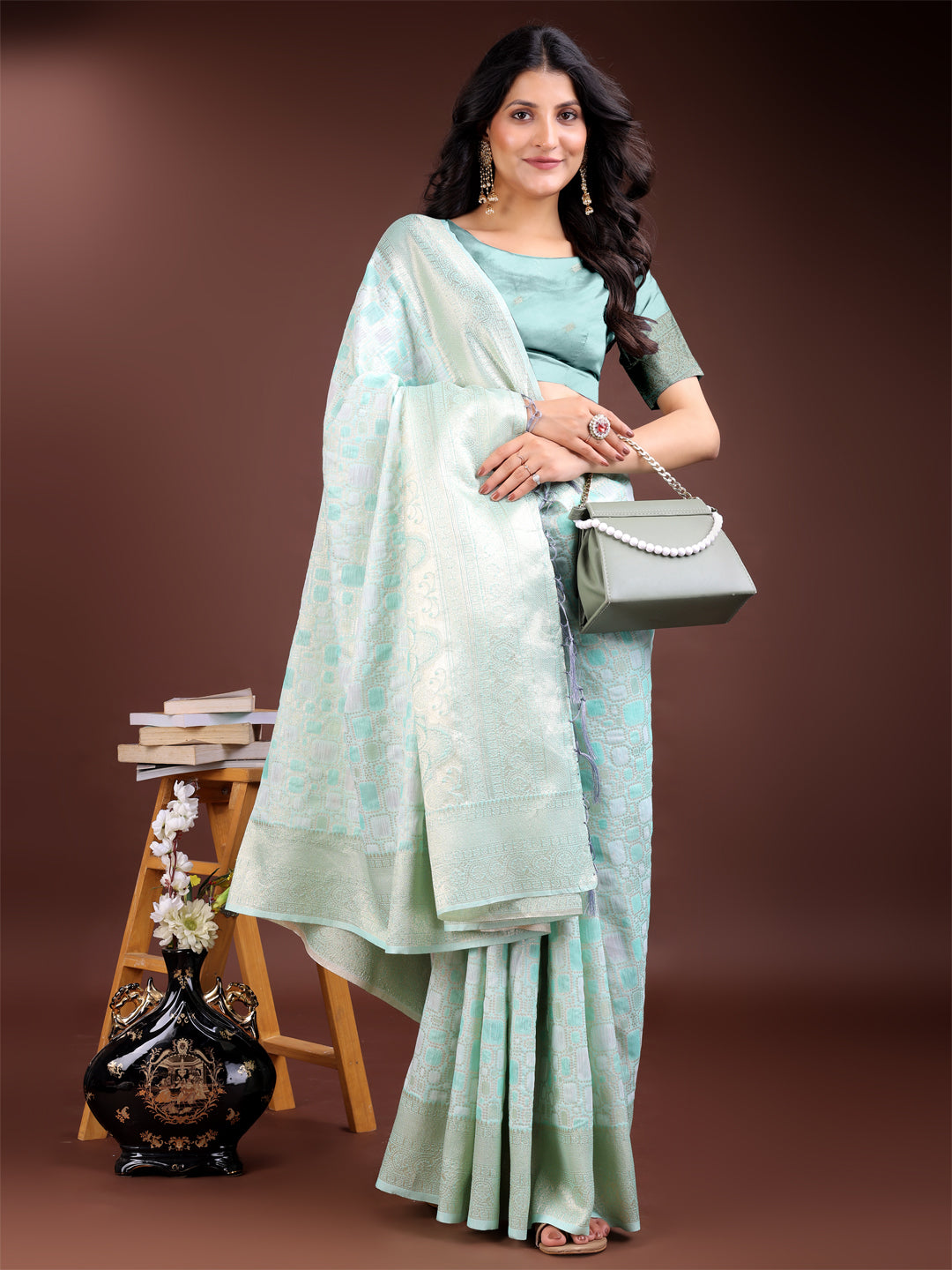 Sea Green Linen Cotton Woven Jacquard Designer Ehtnic Partywear Girlie Looks Saree