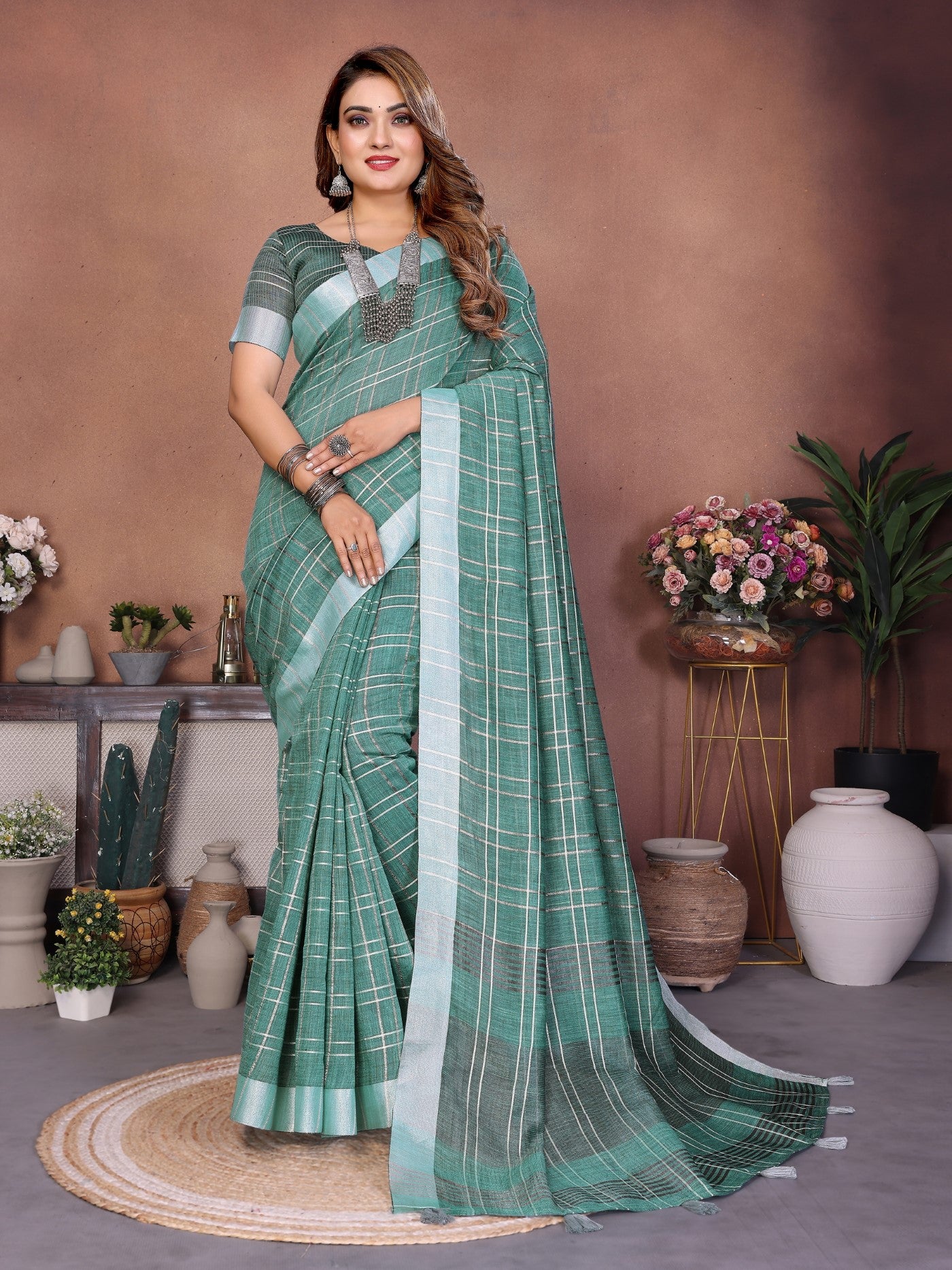 Sea Green Linen Saree With Traditional Weaving