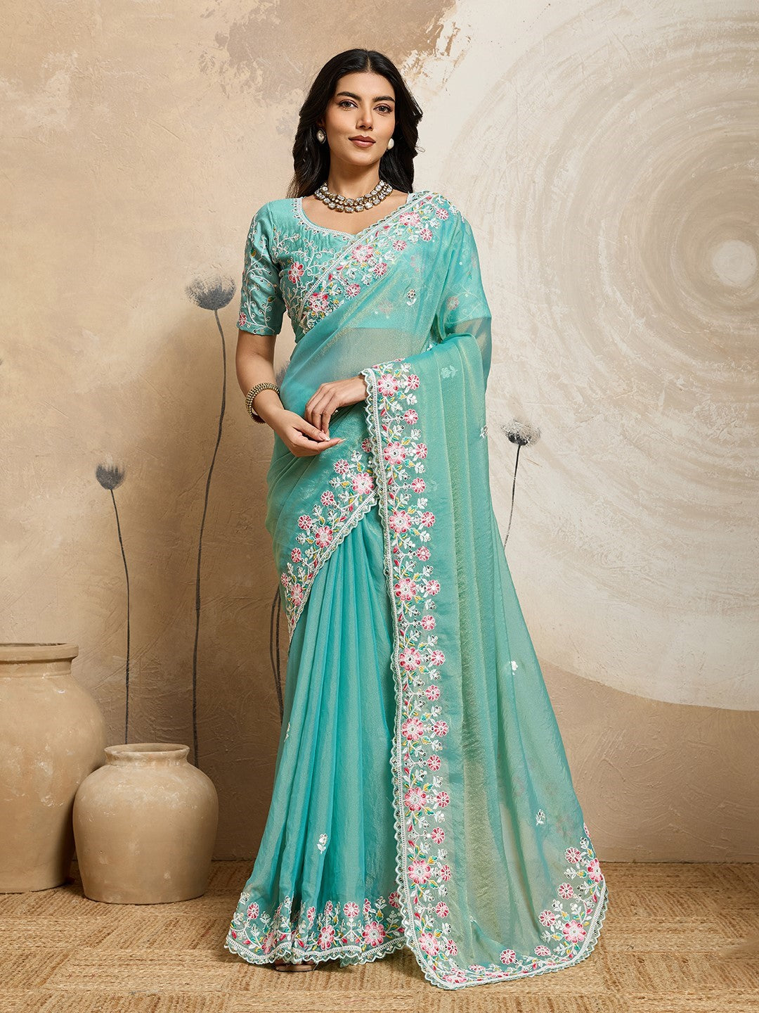 Sea Green Moss Chiffon Saree With Embroidery Elegant Designer Saree
