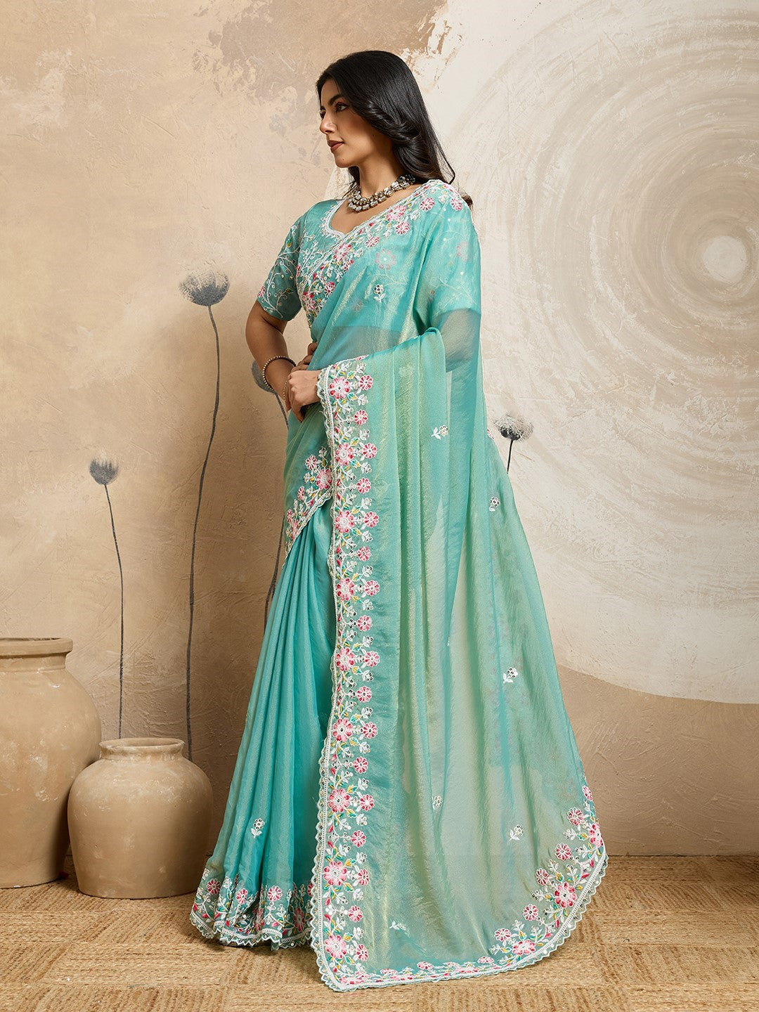 Sea Green Moss Chiffon Saree With Embroidery Elegant Designer Saree