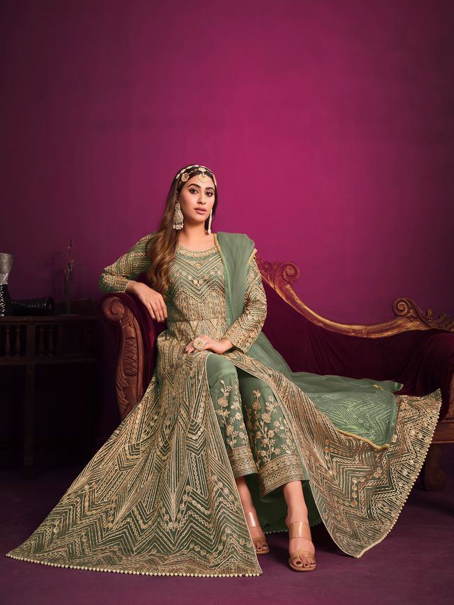Sea Green Net Heavy Thread Embroidery, Zari With Sequins Work Anarkali Suits