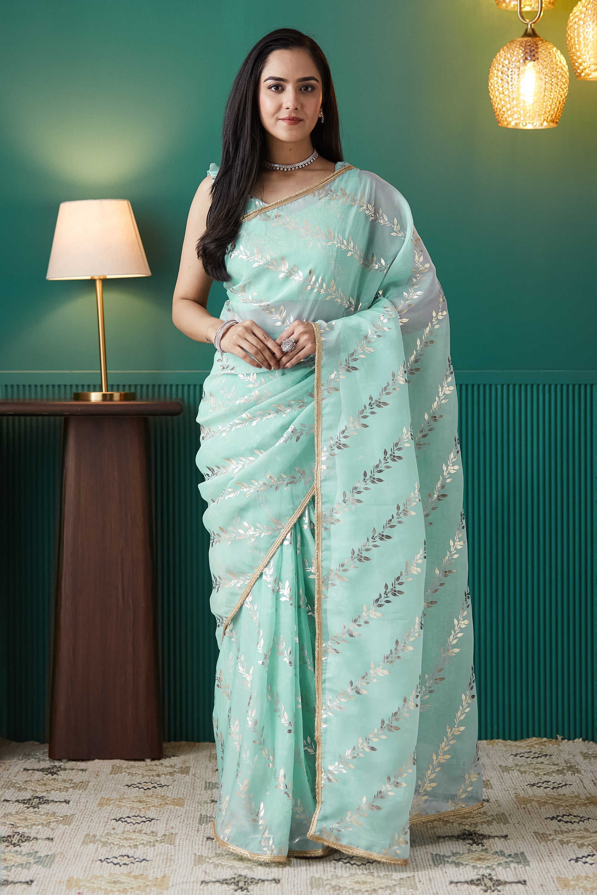 Sea Green Organza Designer Foil Printed Ready To Wear Saree