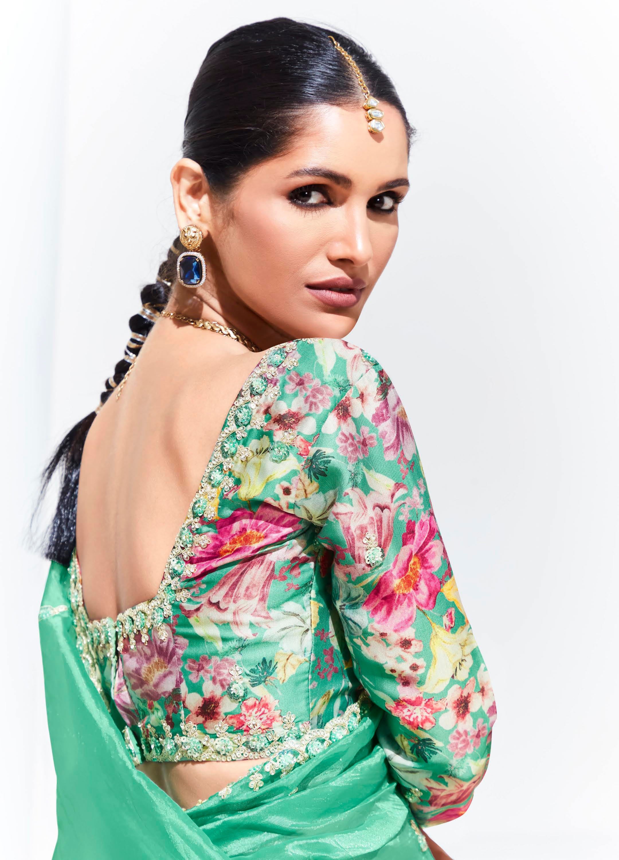 Sea Green Organza Saree With Thread Embroidery with Printed Blouse