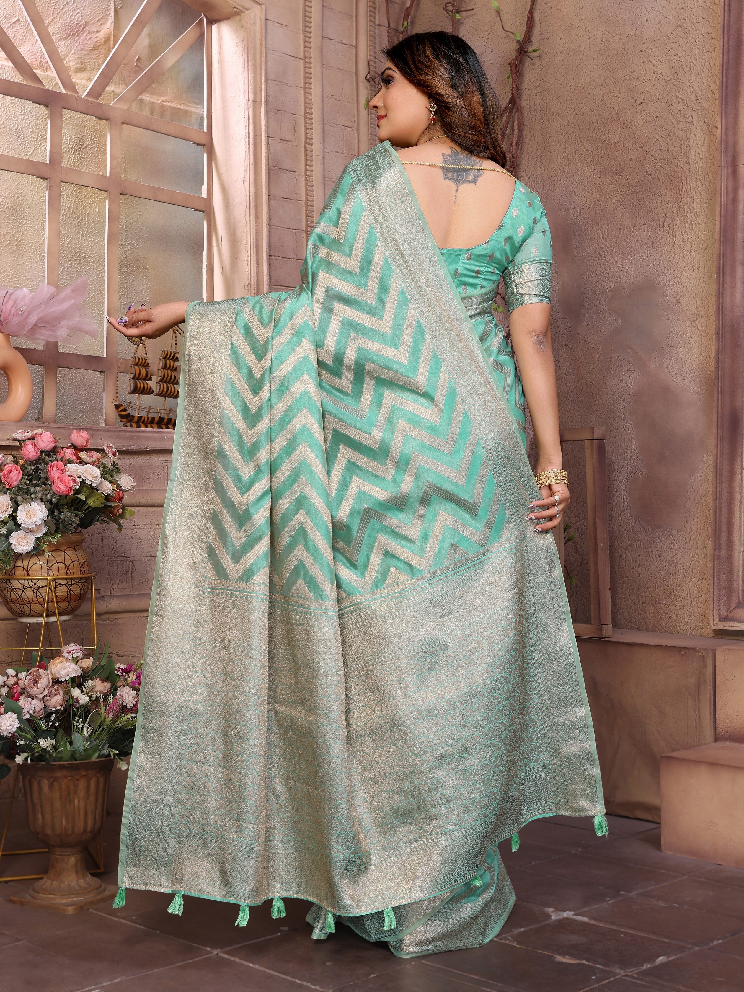 Sea Green Organza Woven Jari Designer Heavy Ceremonial Saree