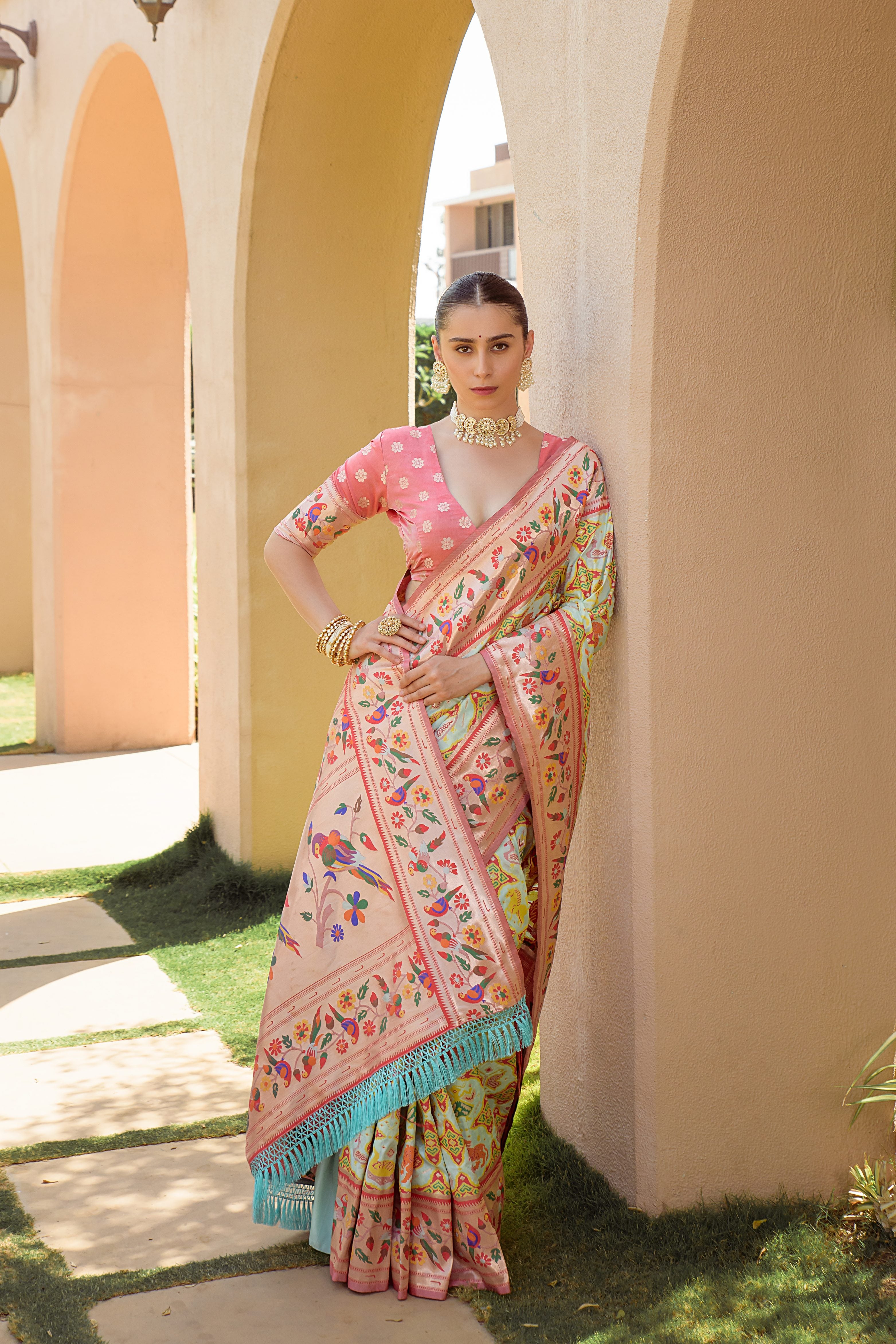 Sea Green Paithani Silk Saree with Meenakari Zari and Pallu