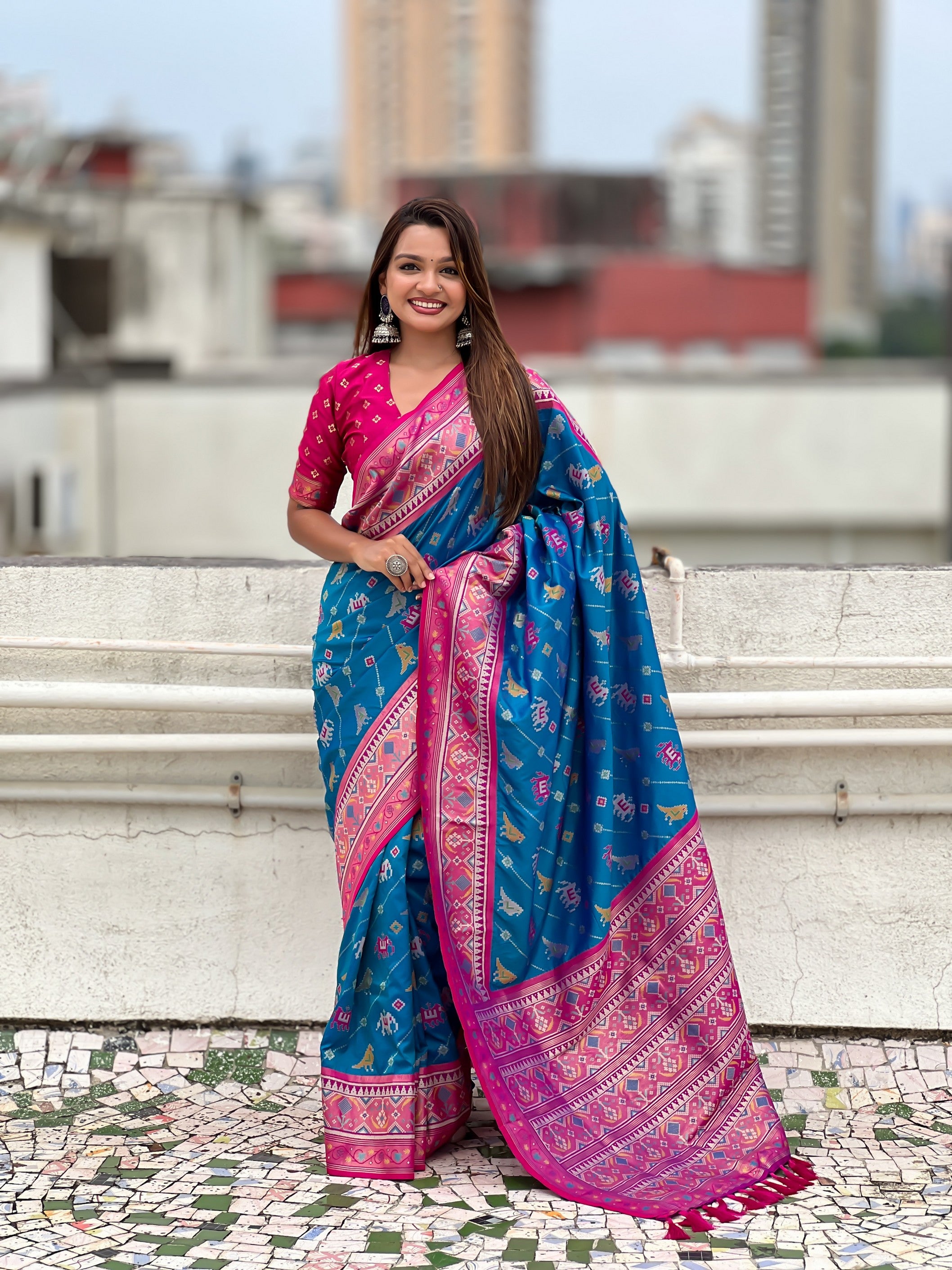 Sea Green Patola Silk Saree With Woven Meenakari Ikkat Designer For Festive Looks