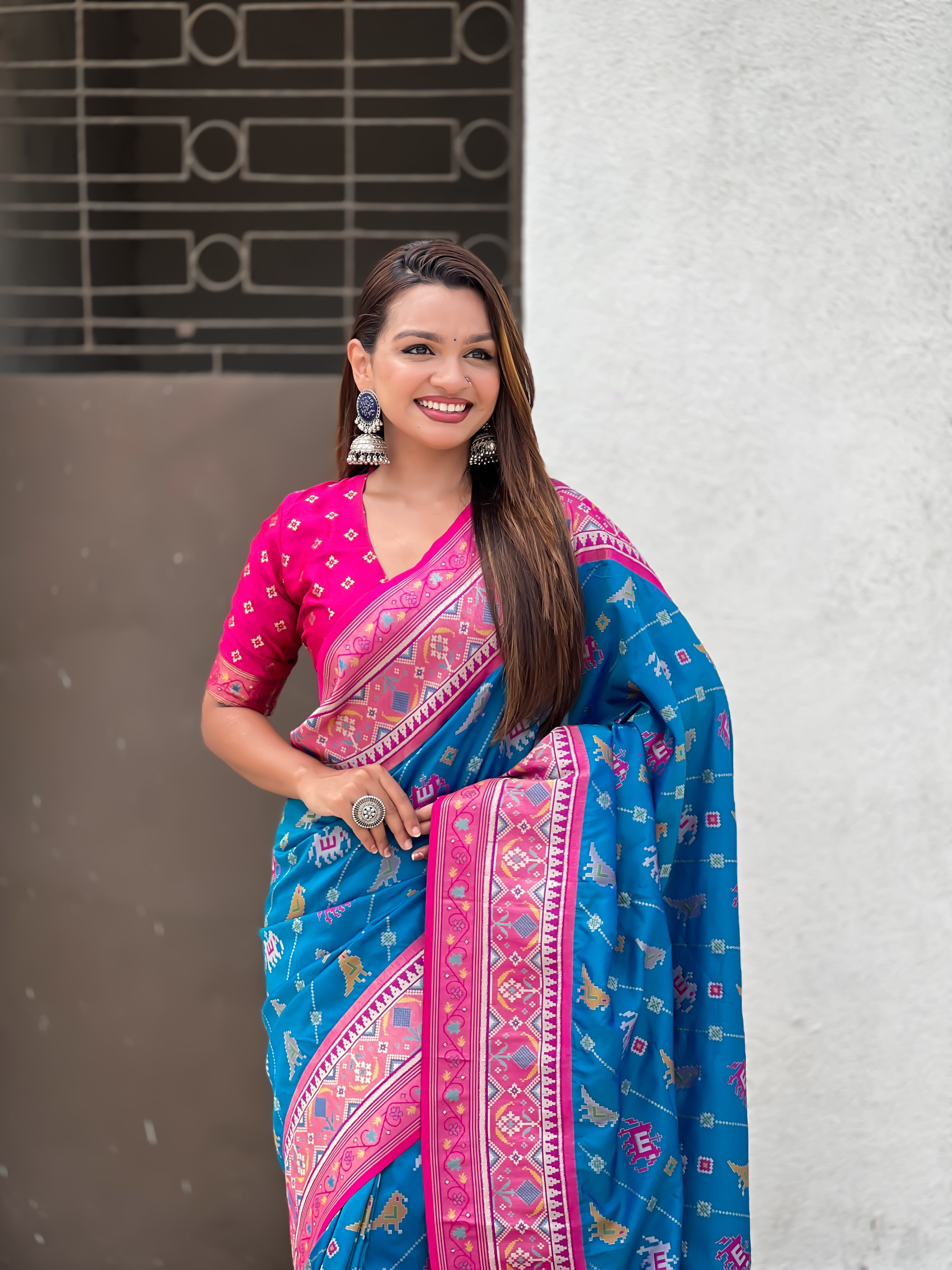 Sea Green Patola Silk Saree With Woven Meenakari Ikkat Designer For Festive Looks