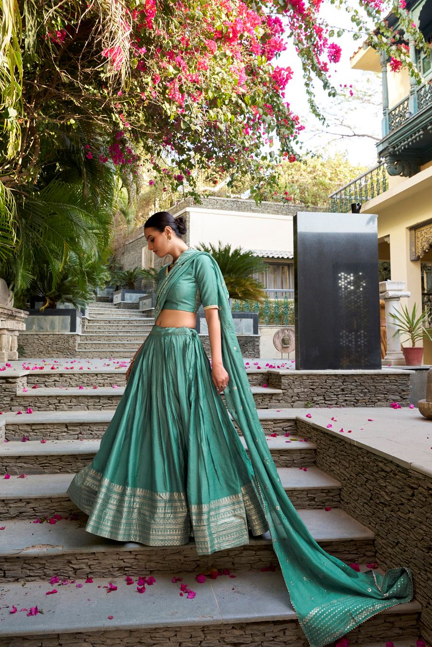 Sea Green Plain Chanderi Lehenga with Zari Weaving Finish