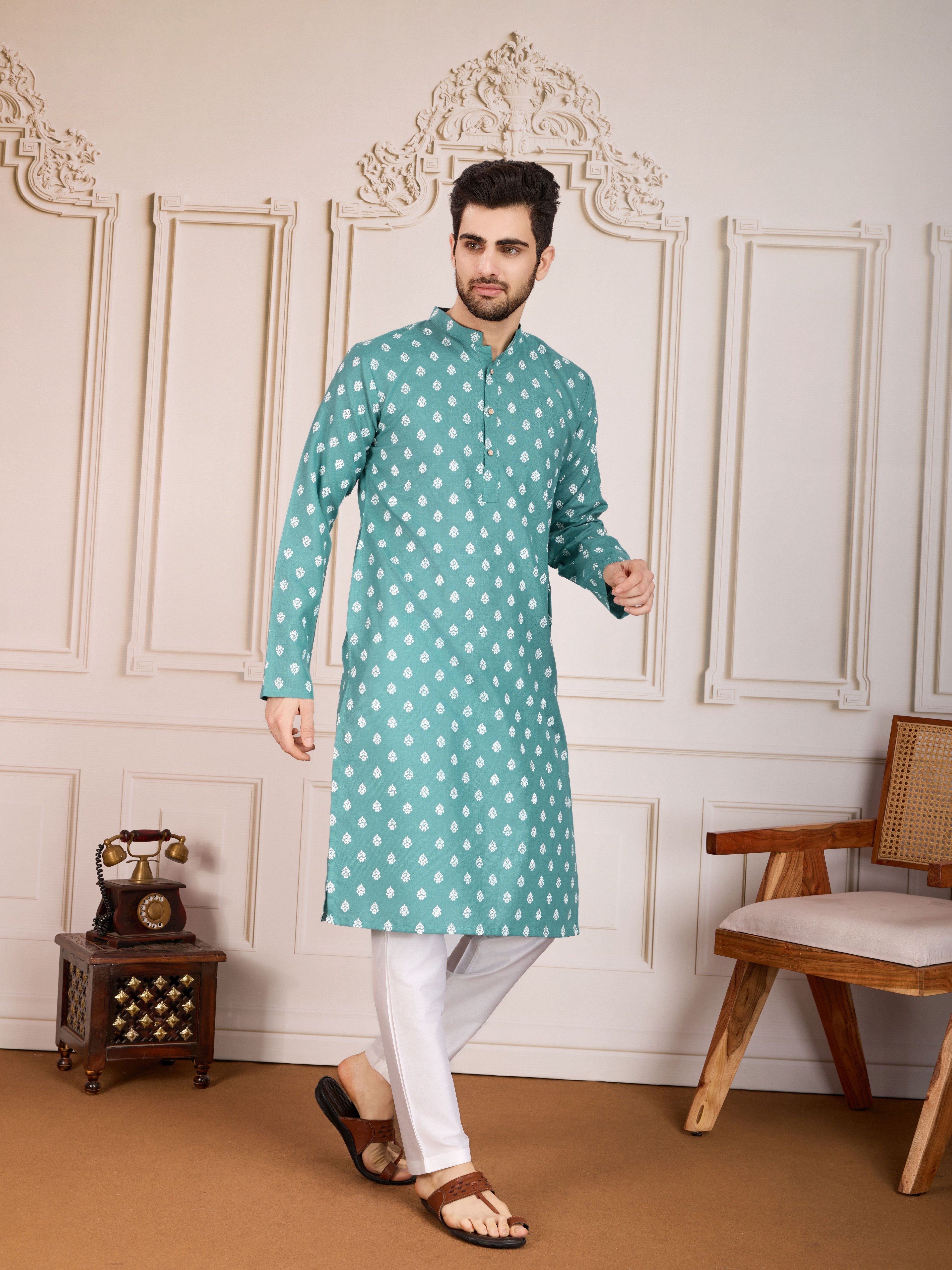 Sea Green Printed Cotton Stylish Kurta Pajama