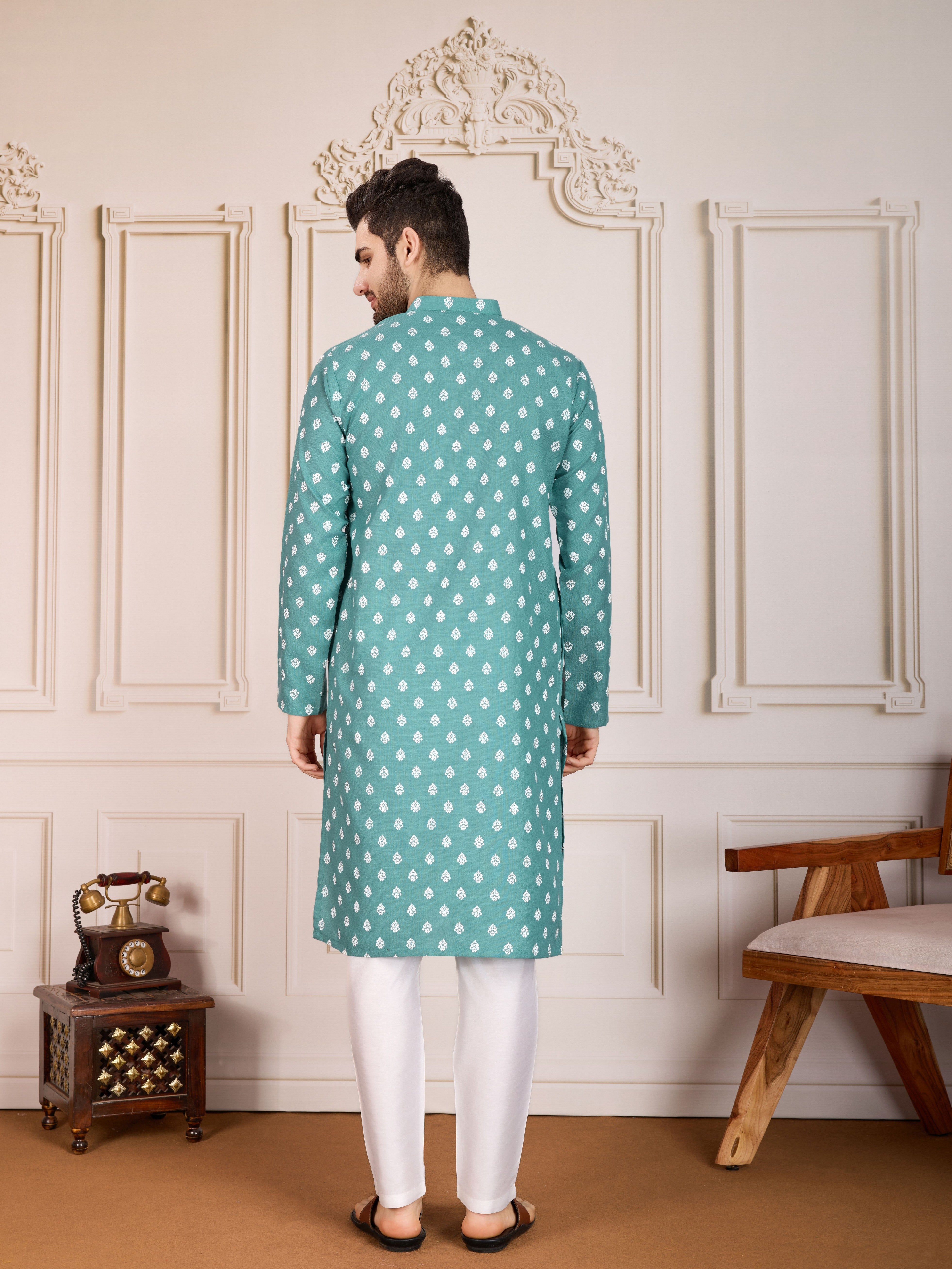Sea Green Printed Cotton Stylish Kurta Pajama