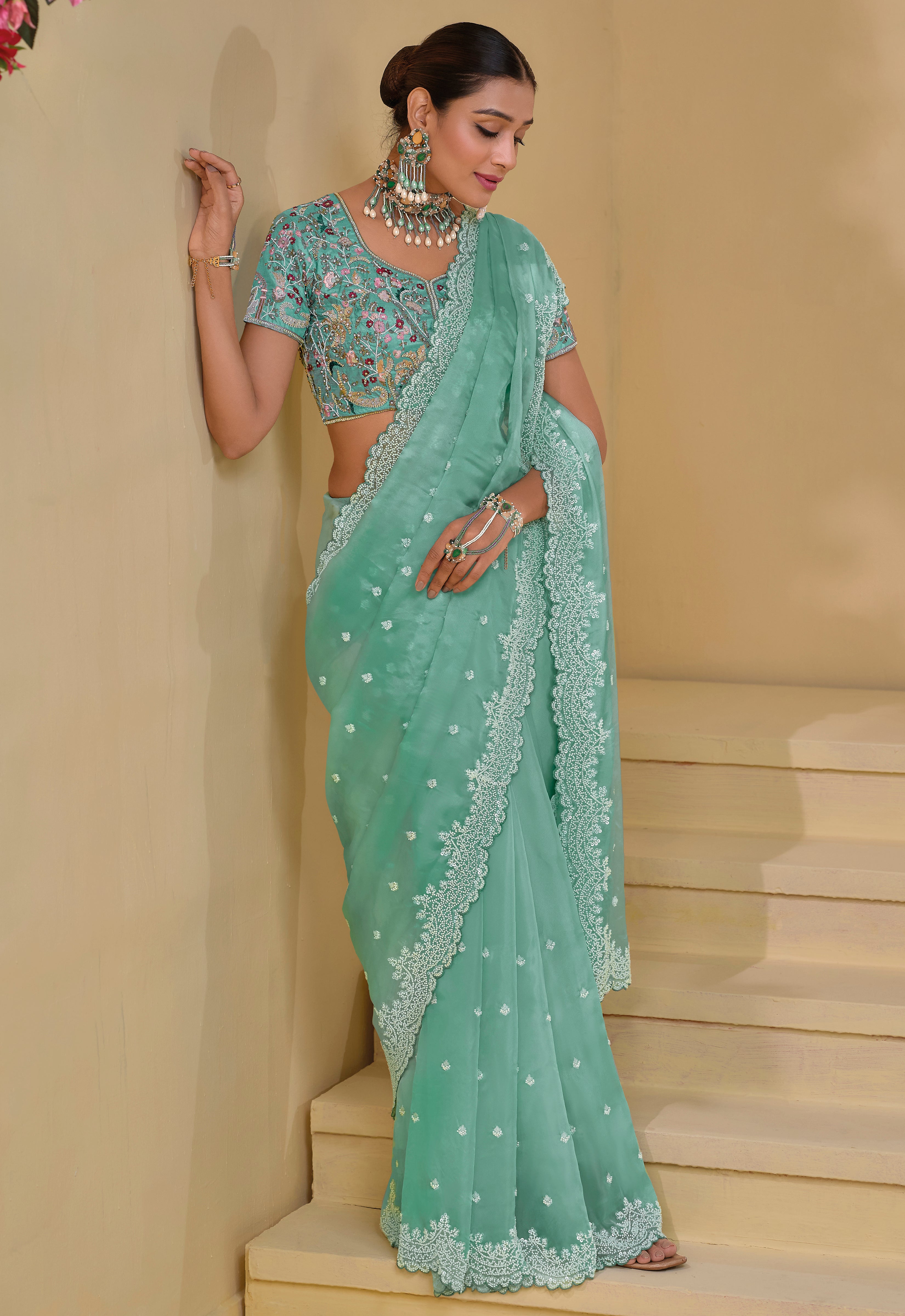 Sea Green Pure Banarasi Tuscany Saree With Embroidery, Cut-Dana, Moti, With Sequins Work