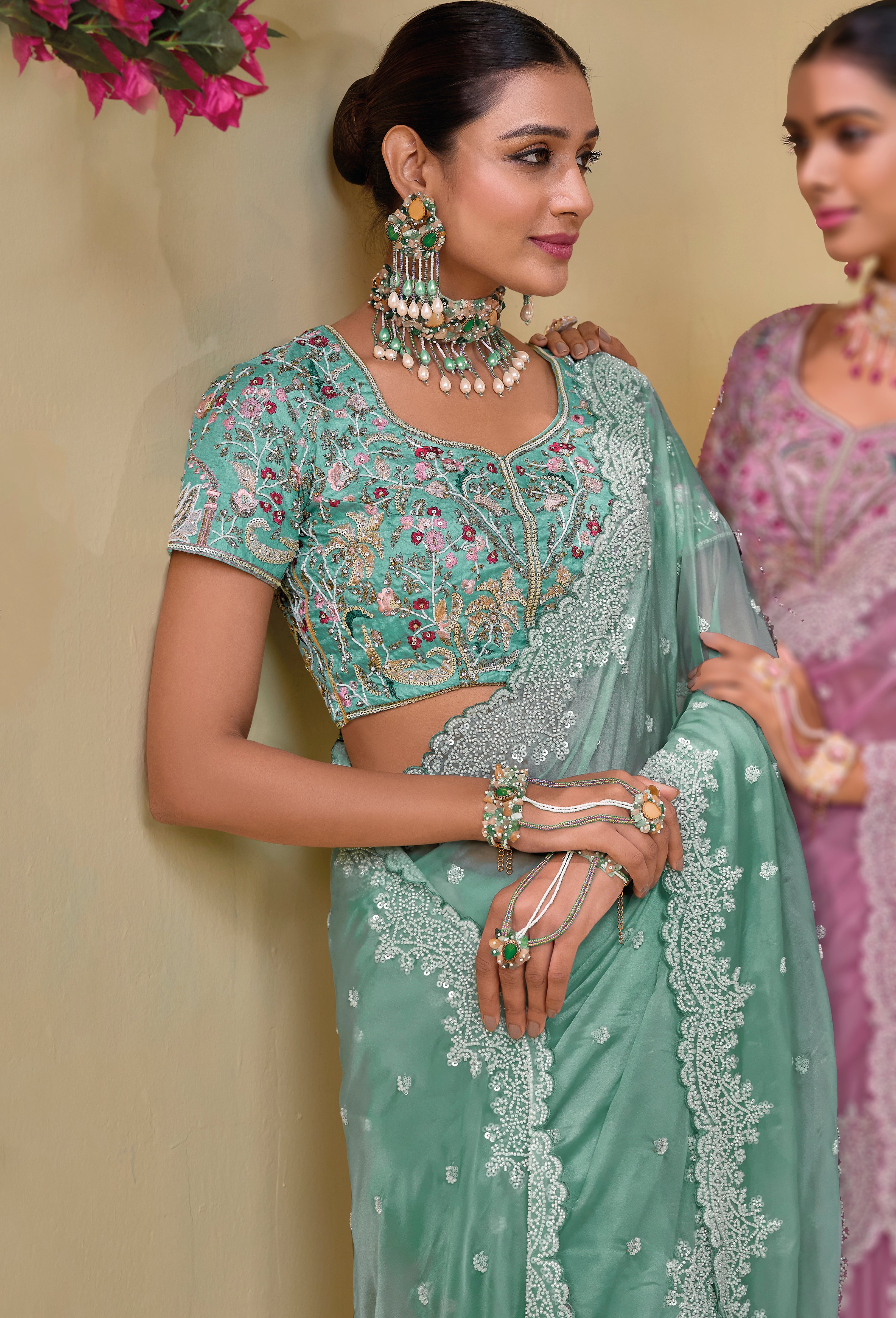 Sea Green Pure Banarasi Tuscany Saree With Embroidery, Cut-Dana, Moti, With Sequins Work