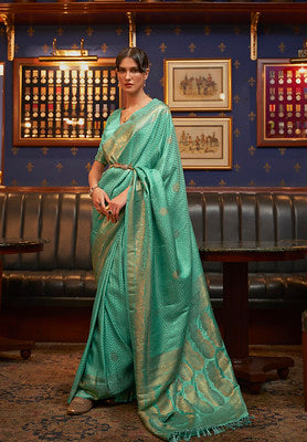 Sea Green Pure Satin Woven Silk Saree With Woven Work
