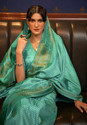 Sea Green Pure Satin Woven Silk Saree With Woven Work