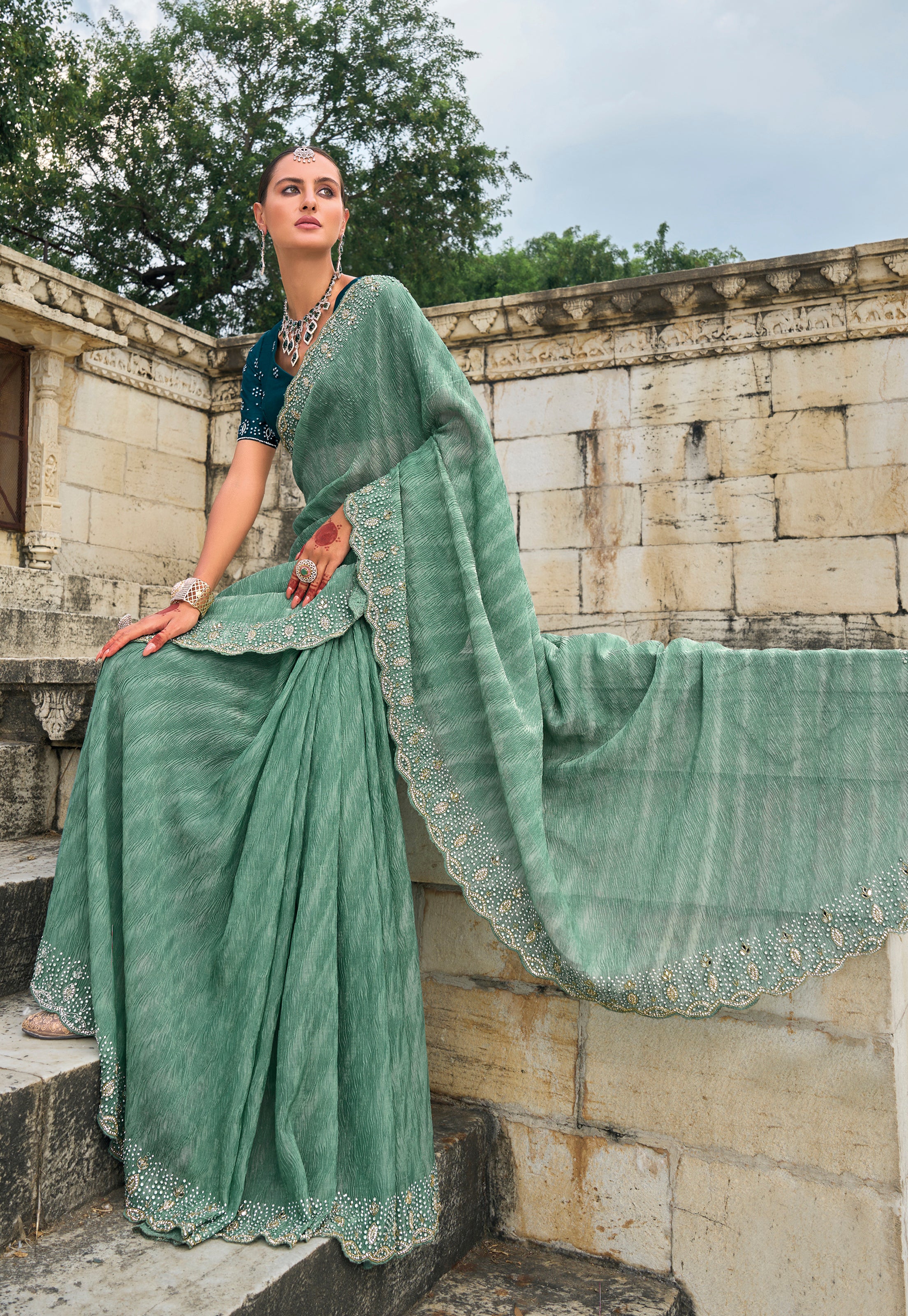 Sea Green Saree With Heavy Embroidered Work