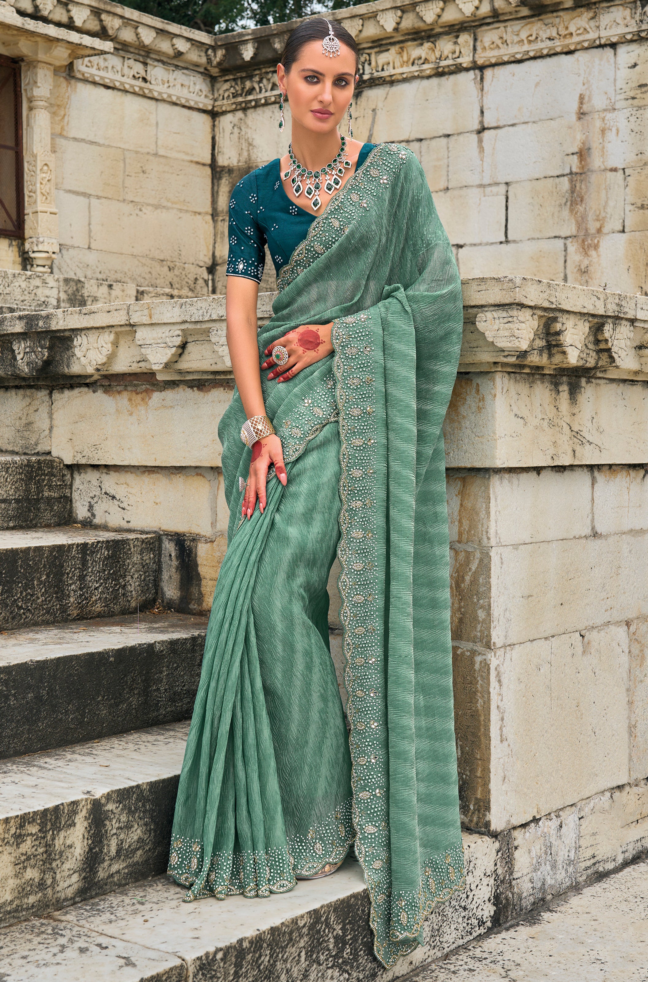 Sea Green Saree With Heavy Embroidered Work