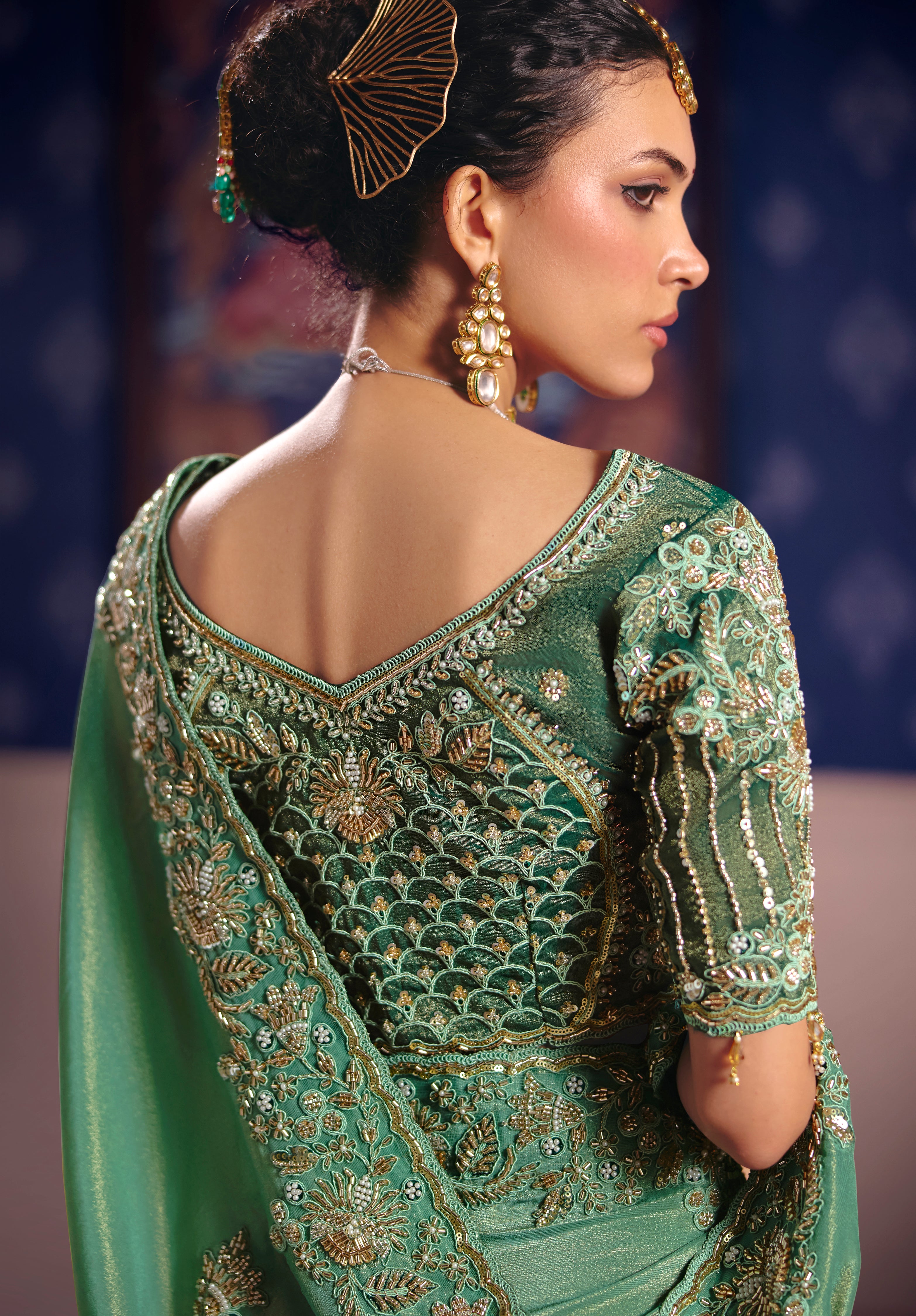 Sea Green Saree With Heavy Embroidery, Beads With Sequince Work