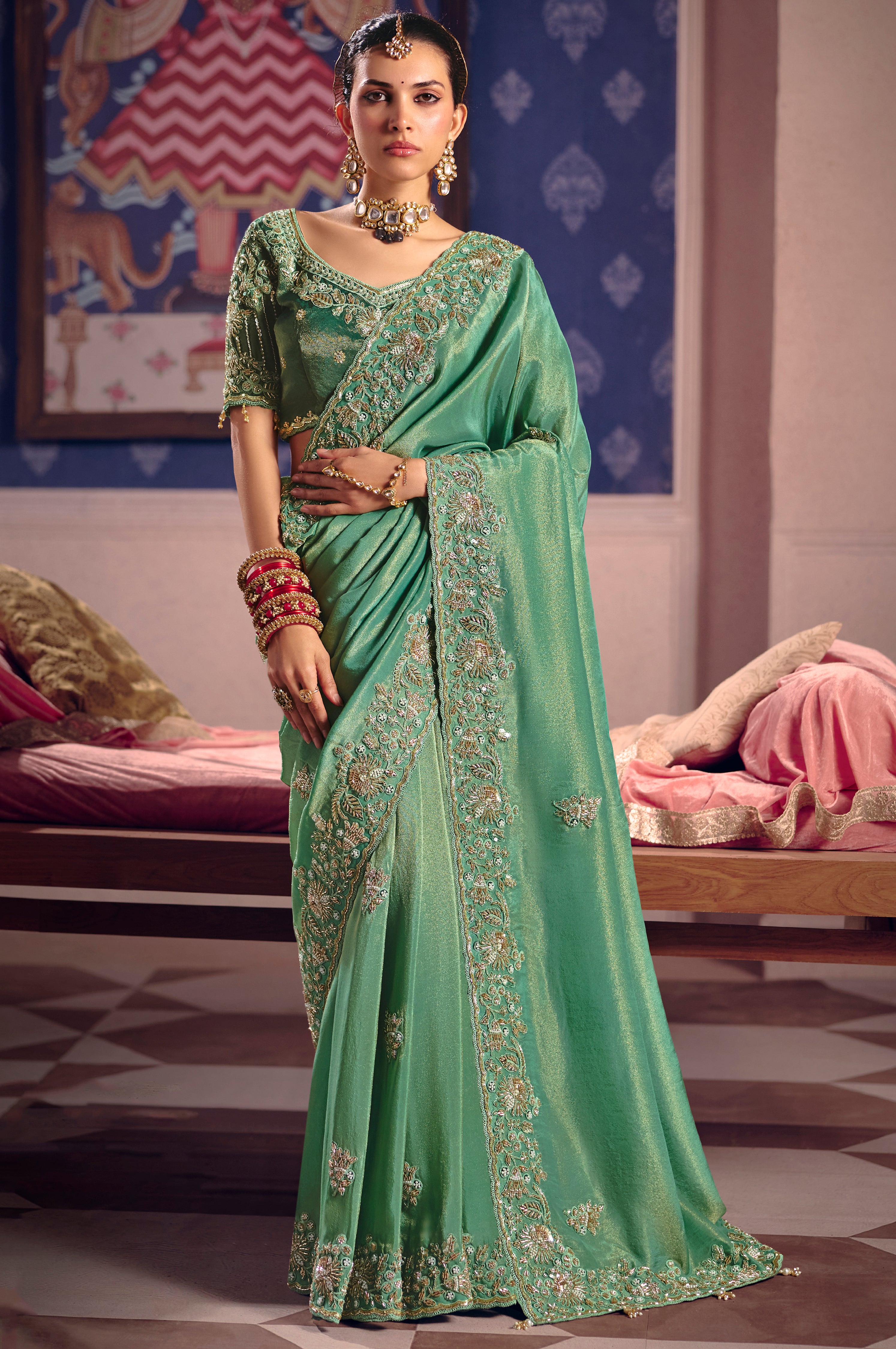 Sea Green Saree With Heavy Embroidery, Beads With Sequince Work