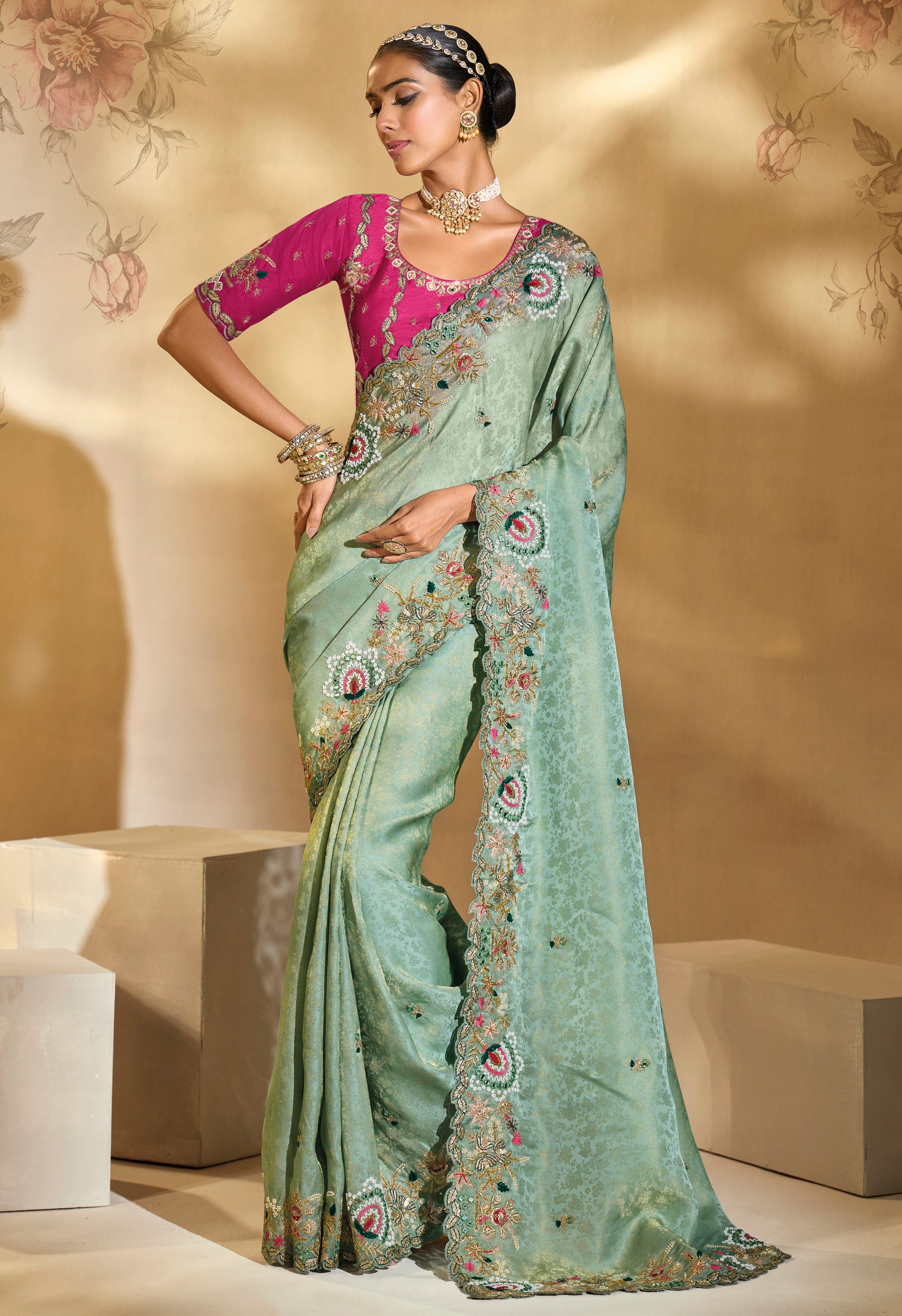 Sea Green Saree With Jari, Thread, Moti, Cut-Dana With Mirror Heavy Work