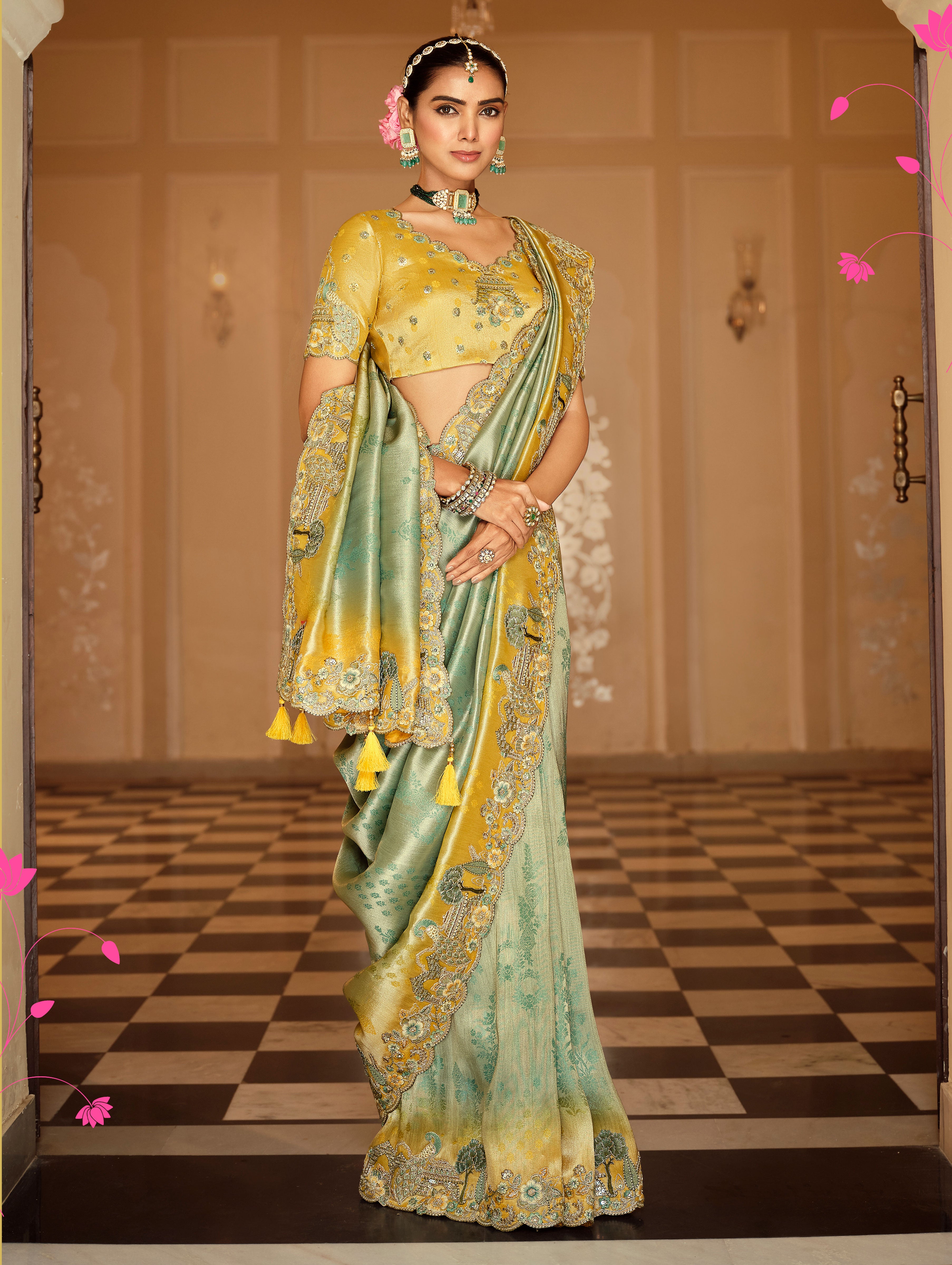 Sea Green Saree With Zari weaving With Heavy Thread Embroidery With khatli work