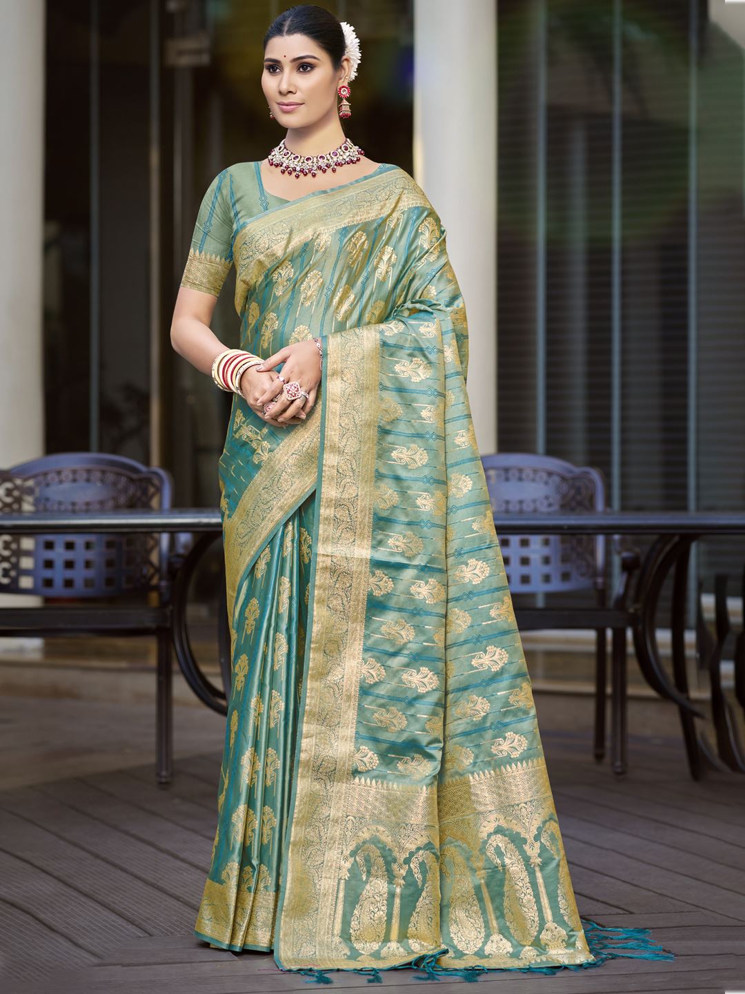 Sea Green Satin Silk Classic Saree