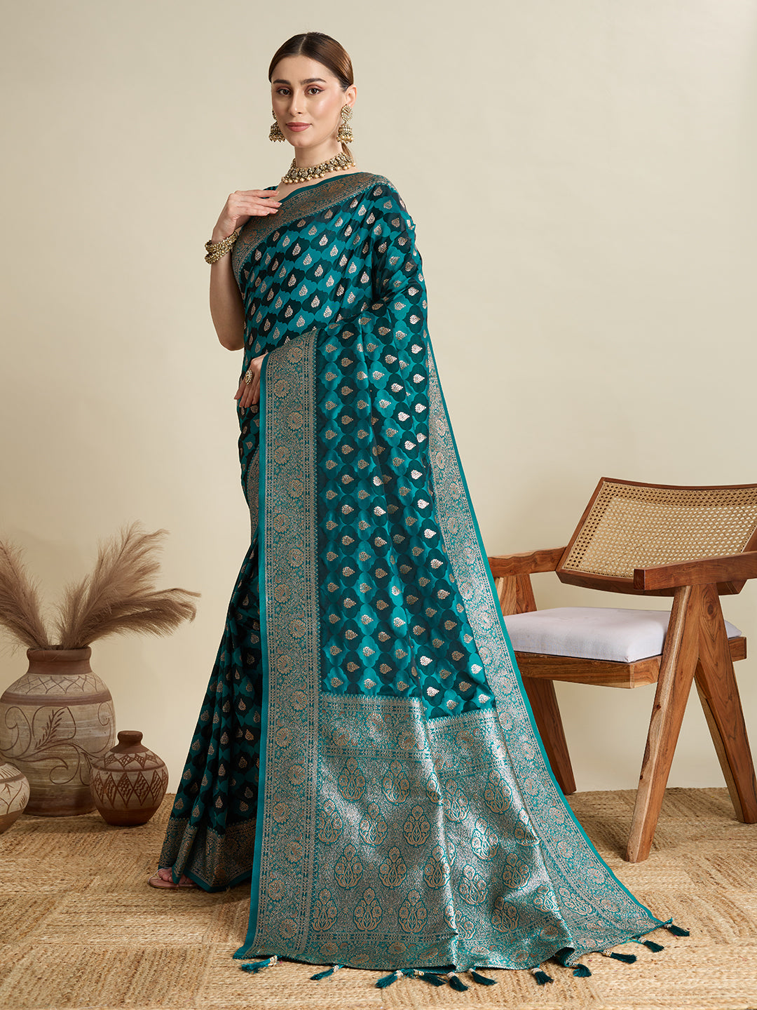 Sea Green Satin Silk Woven Jari Designer Graceful Ethnic Saree