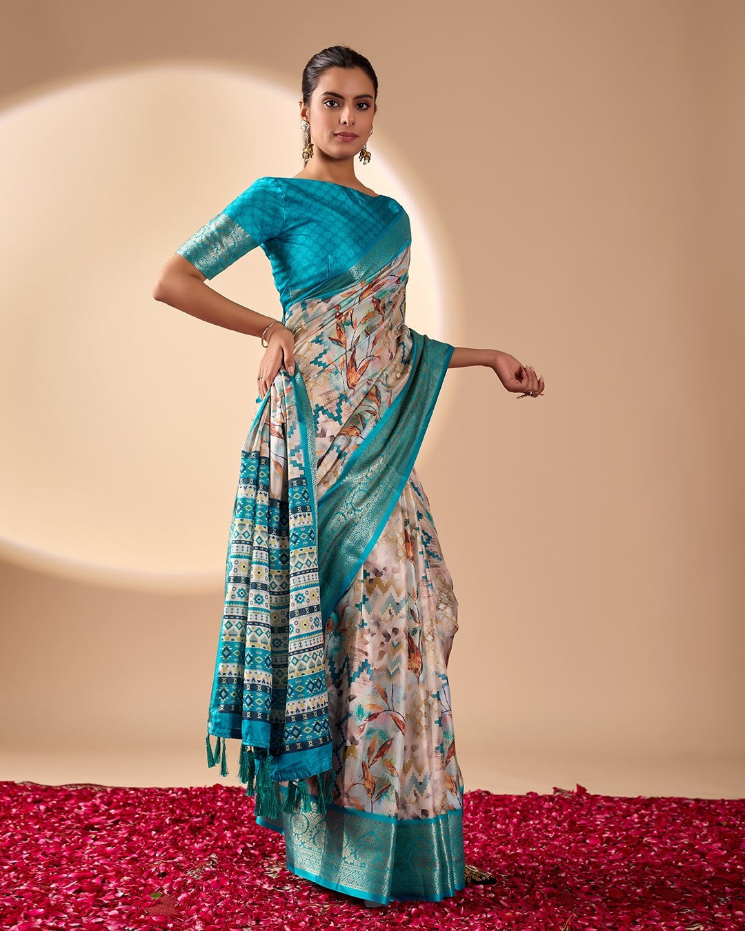 Sea Green Soft Lichi Silk Saree With Digital Printed Elegant Designer Saree