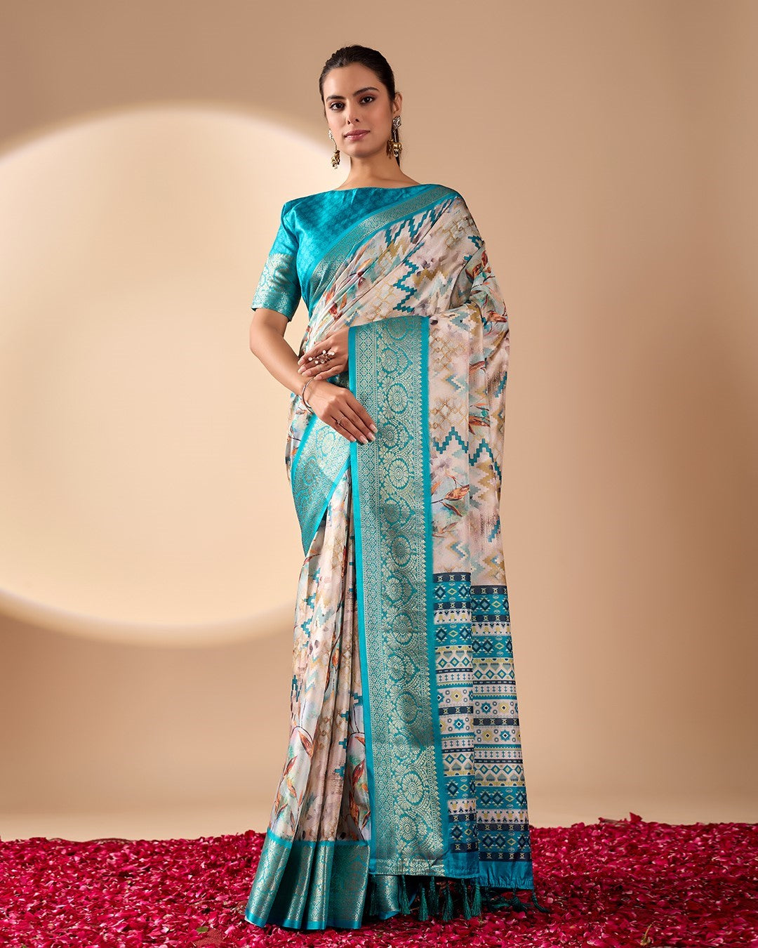 Sea Green Soft Lichi Silk Saree With Digital Printed Elegant Designer Saree